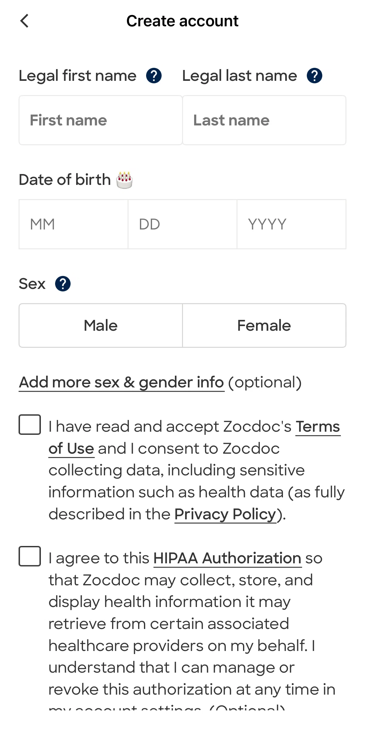 Zocdoc Screen screen in the Legal name information flow