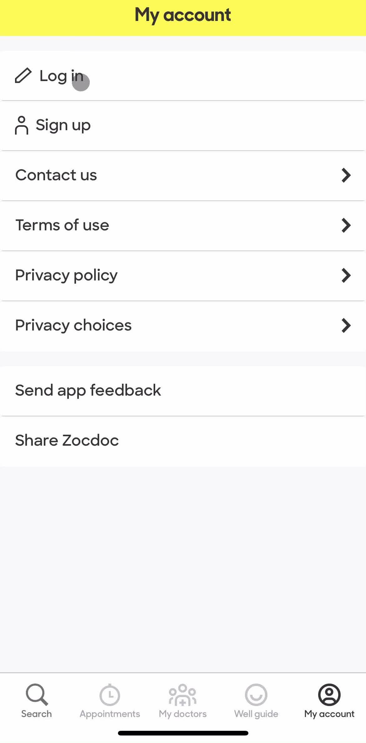 Zocdoc Log in screen in the Logging In flow