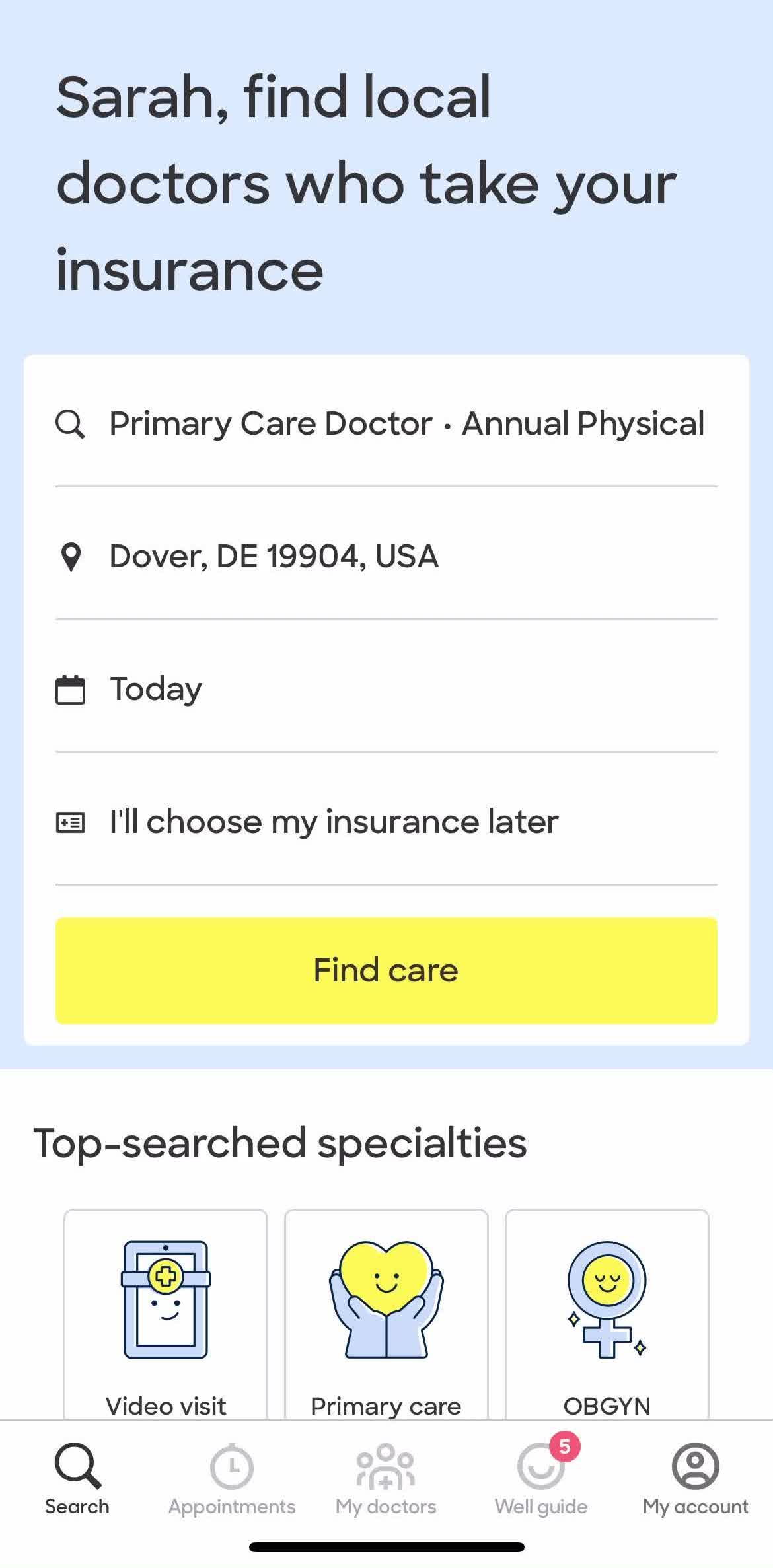 Zocdoc Home screen in the Logging Out flow