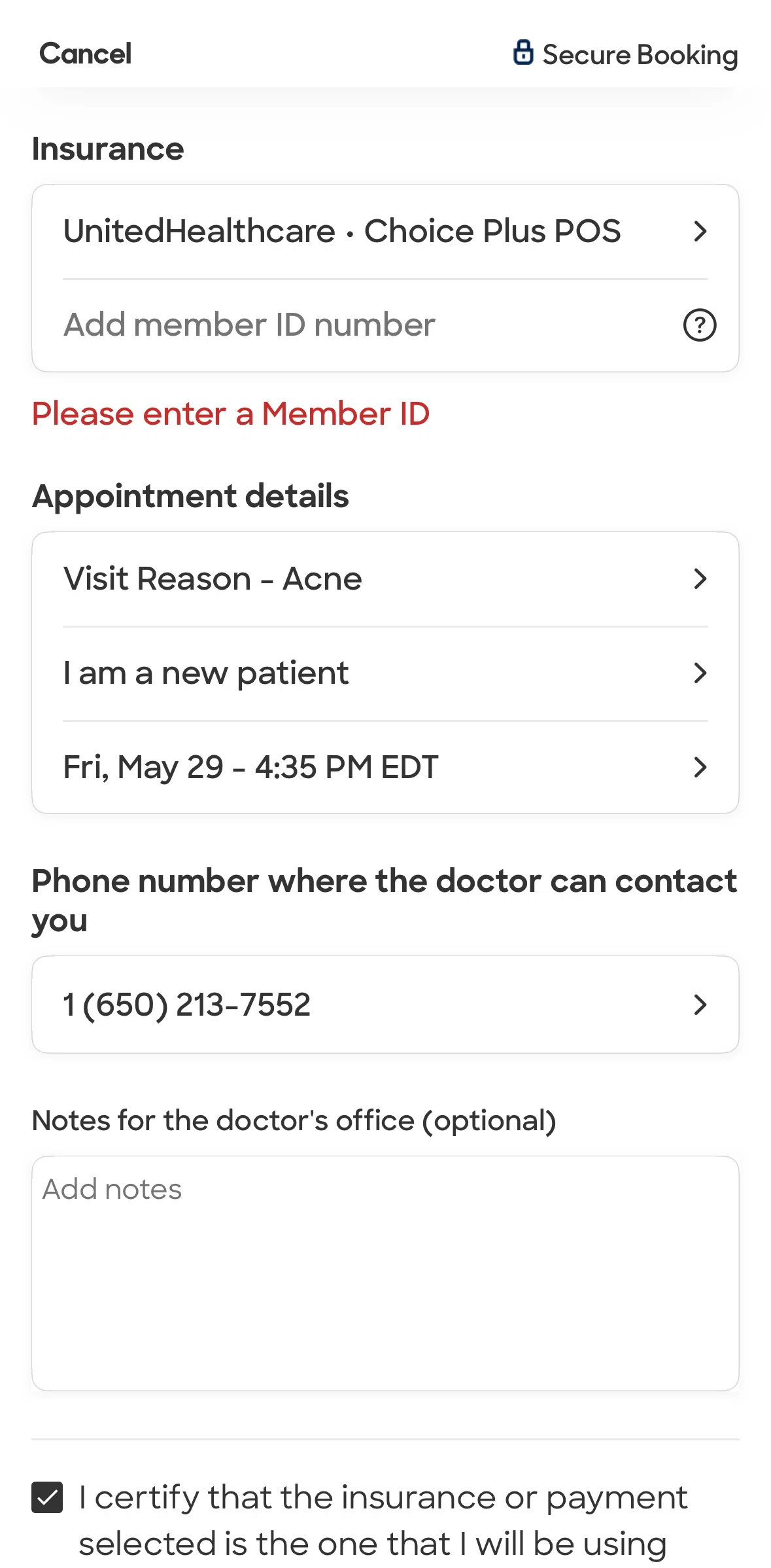 Zocdoc Screen screen in the Member ID information flow