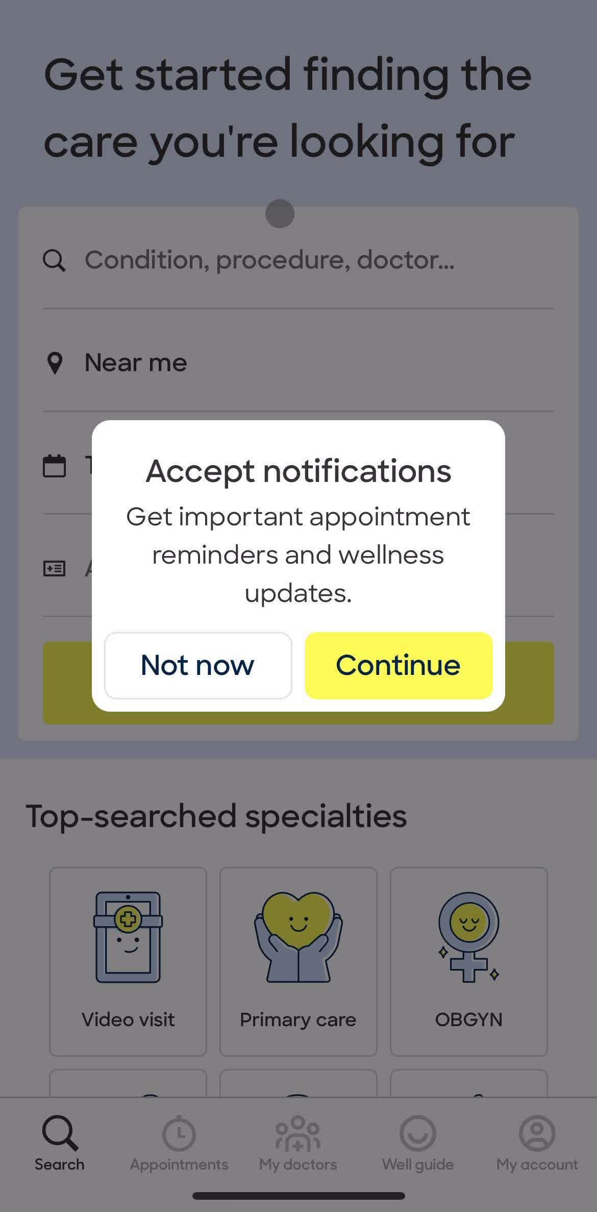 Zocdoc Enable notifications screen in the Onboarding flow