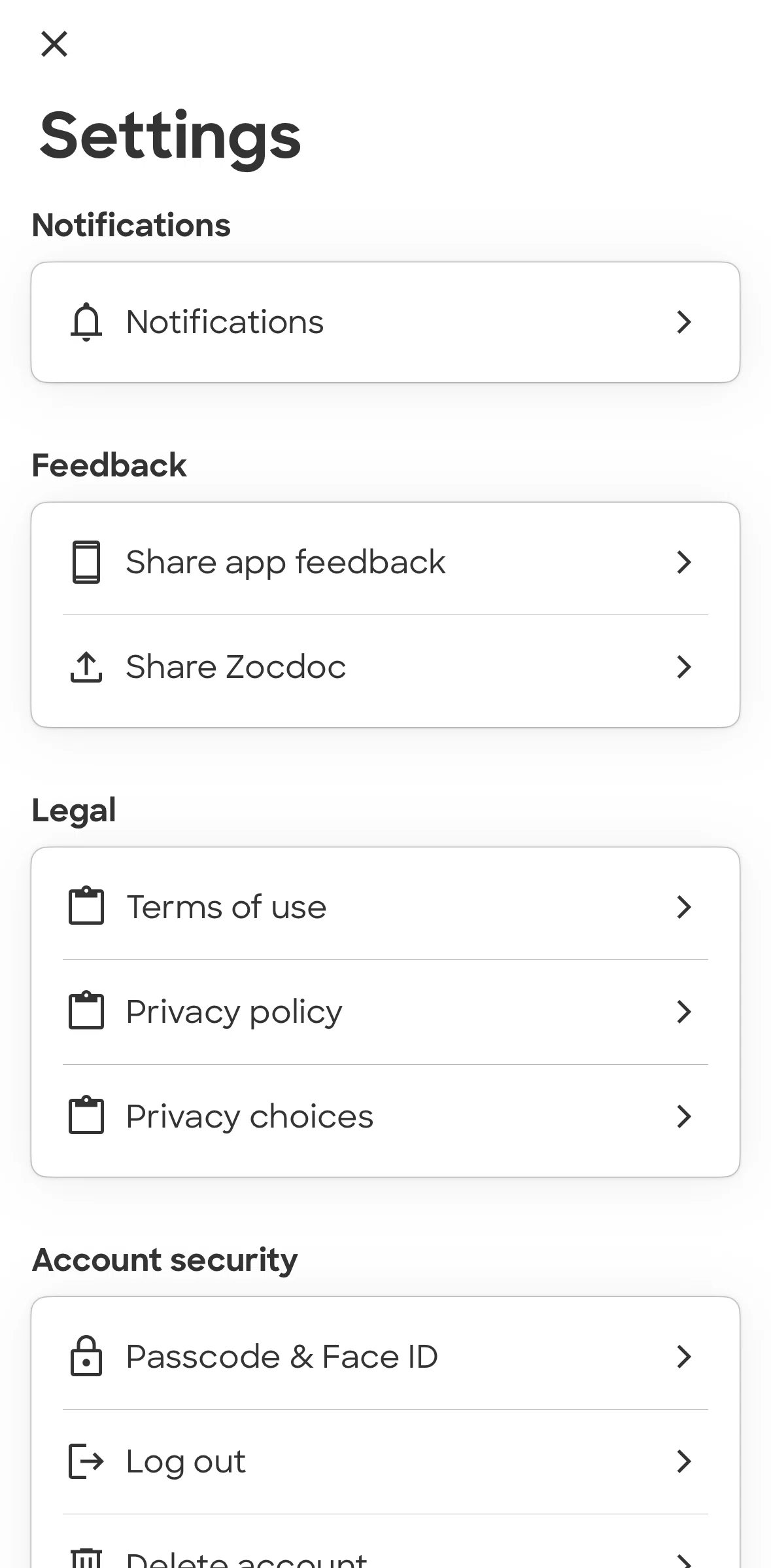 Zocdoc Screen screen in the Privacy choices flow