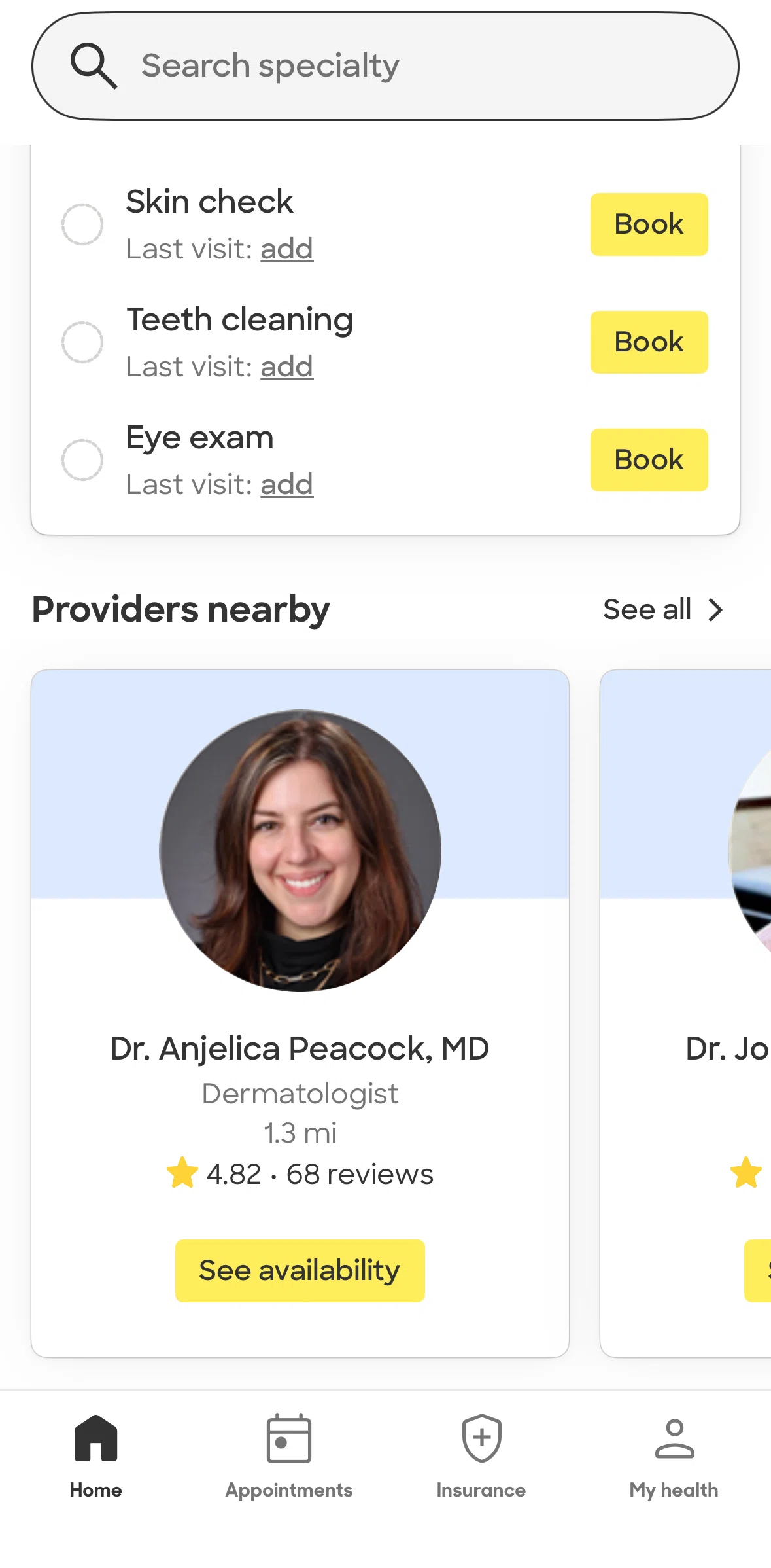 Zocdoc Screen screen in the Provider detail flow