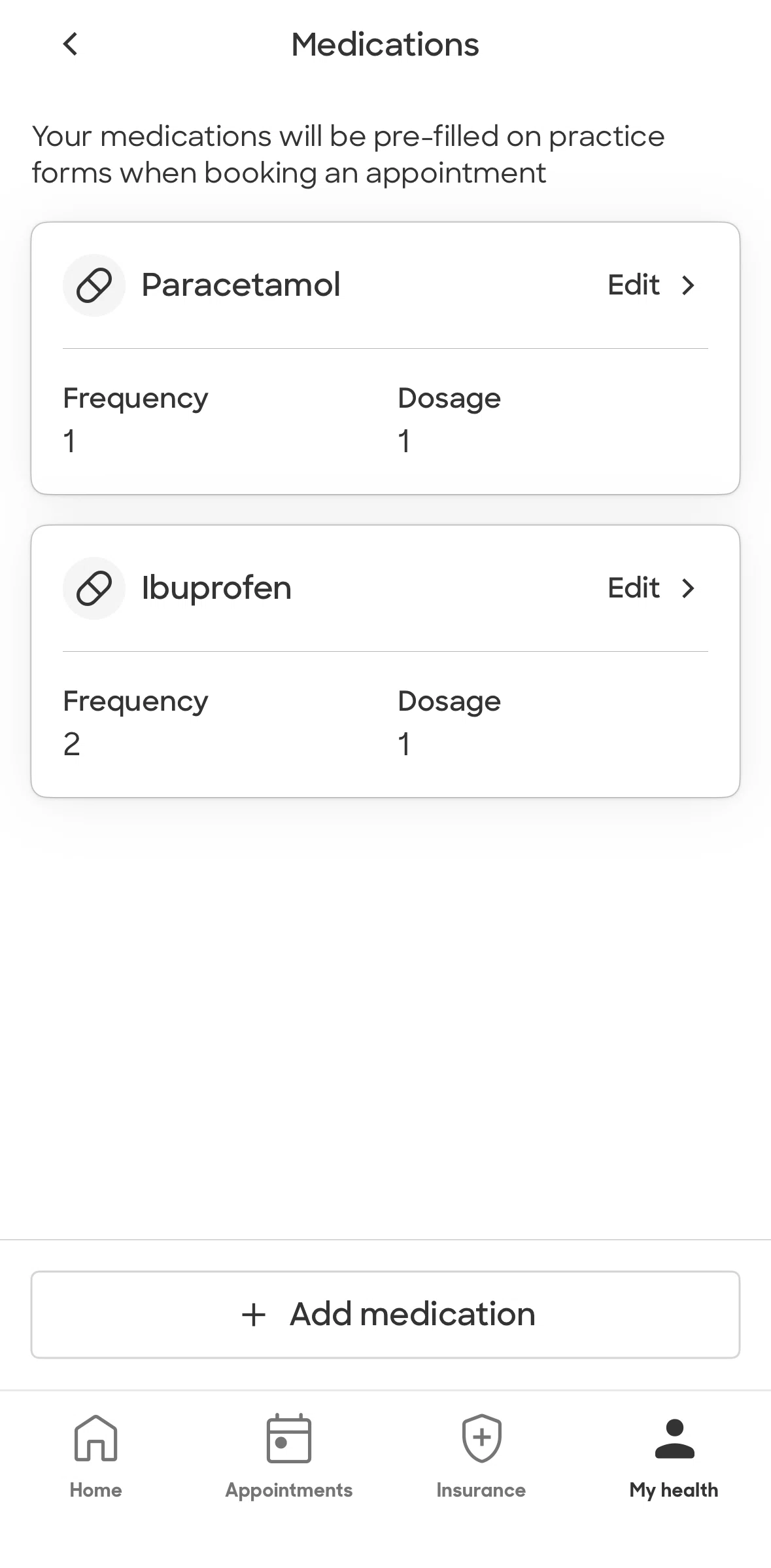Zocdoc Screen screen in the Removing a medication flow