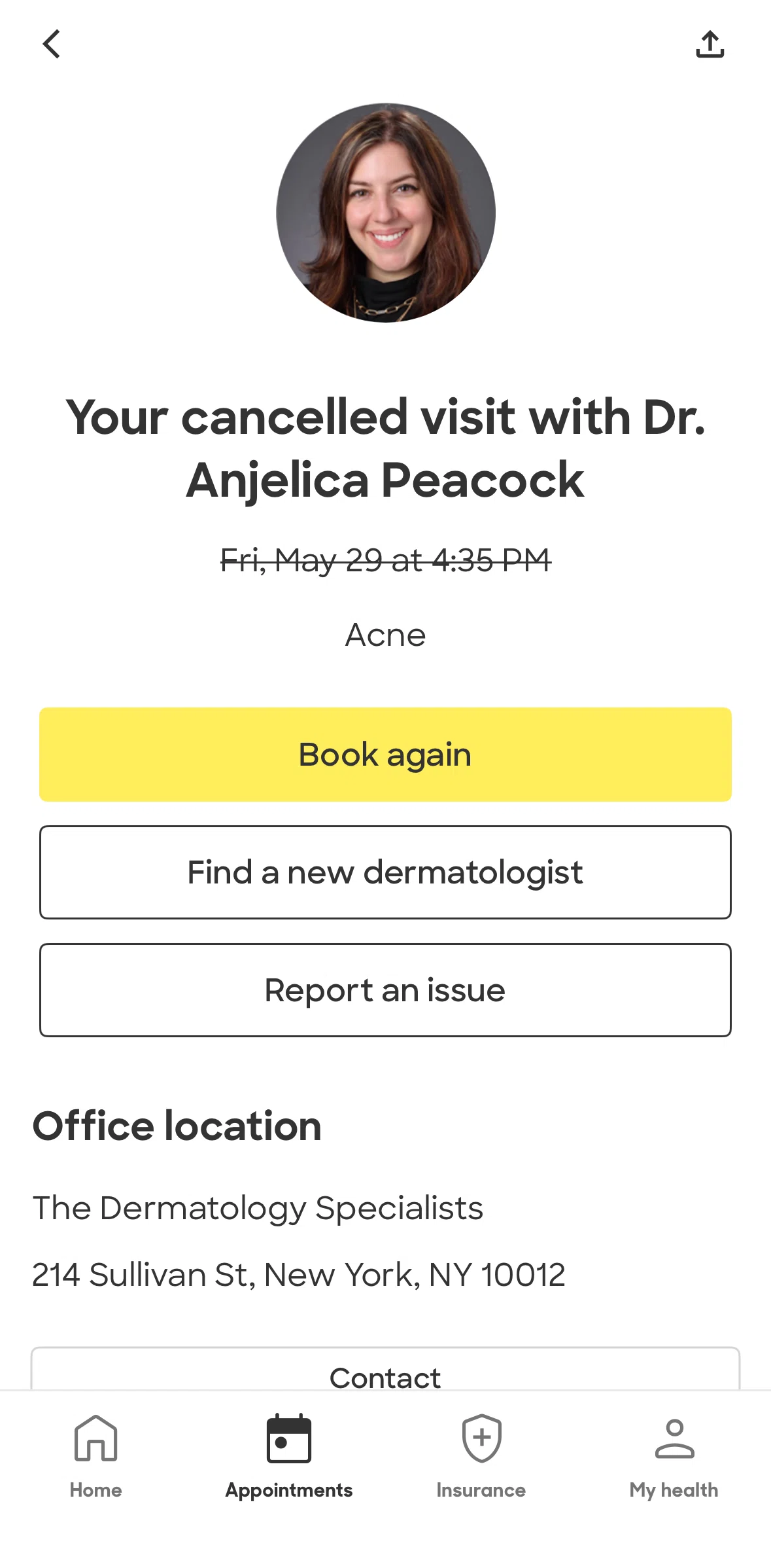 Zocdoc Screen screen in the Reporting an issue flow