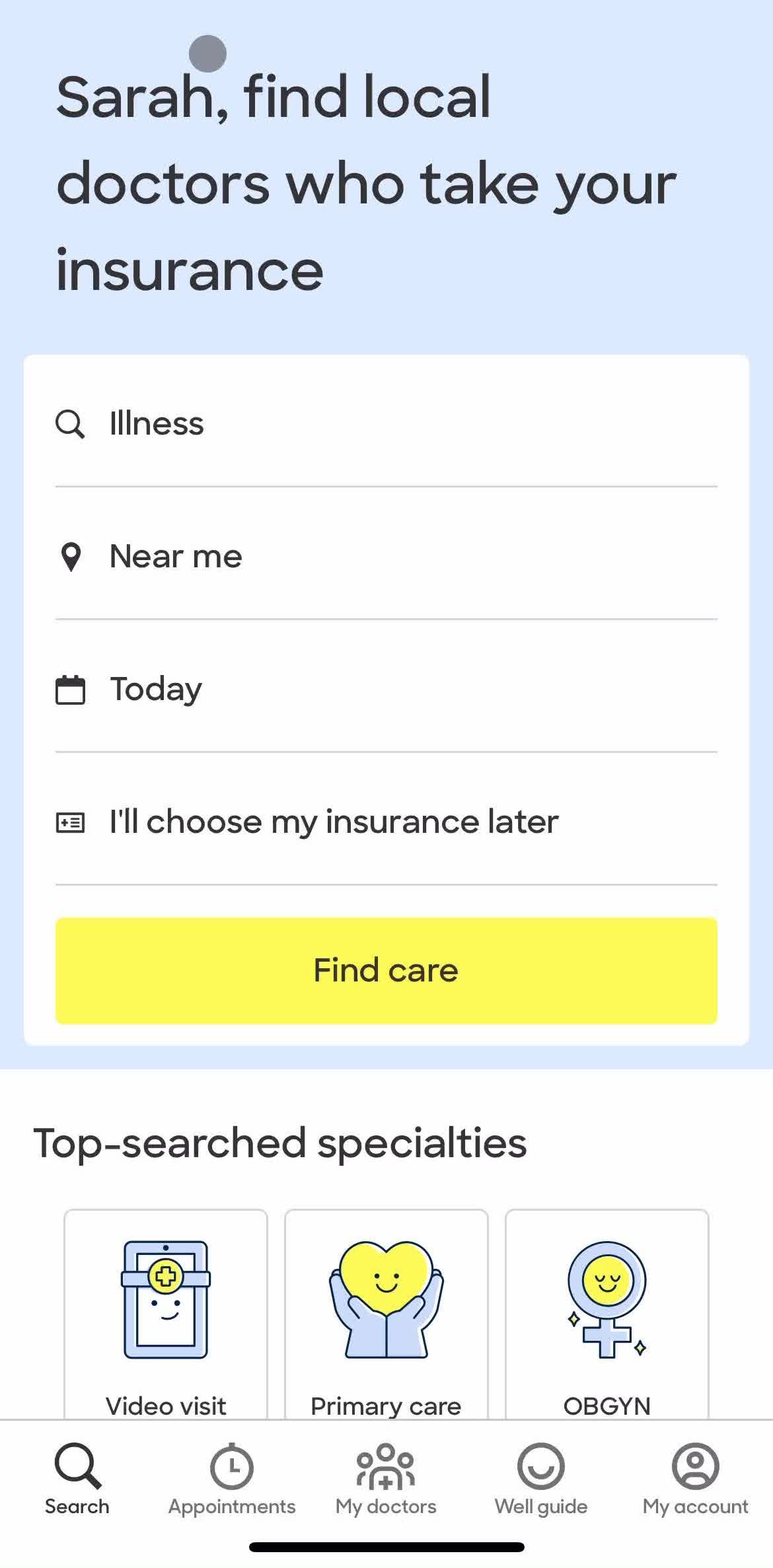 Zocdoc Home screen in the Searching flow