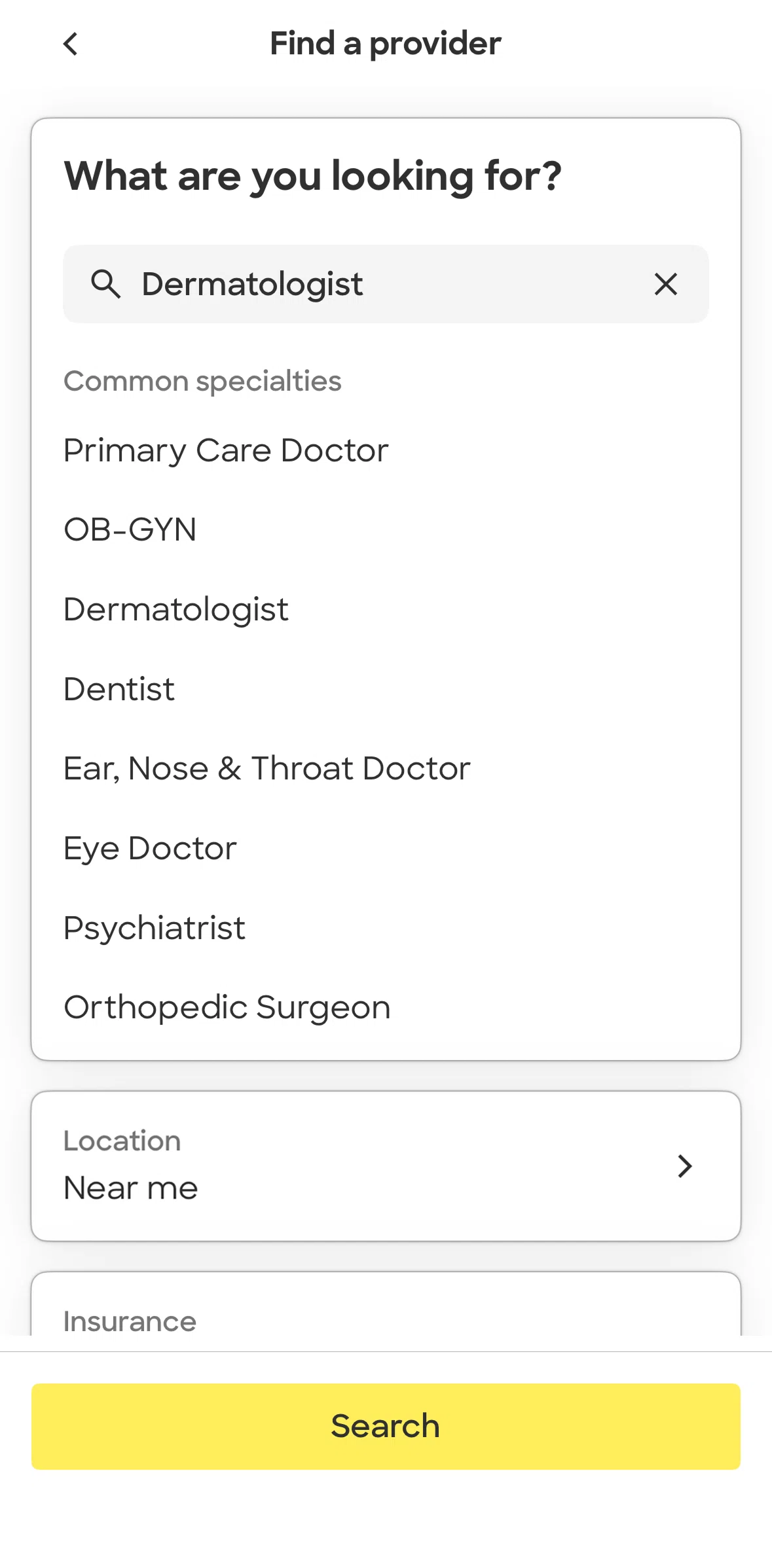 Zocdoc Screen screen in the Selecting a location flow