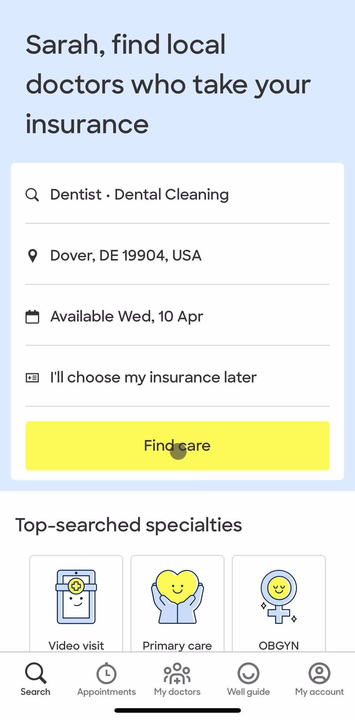 Zocdoc Home screen in the Sharing flow