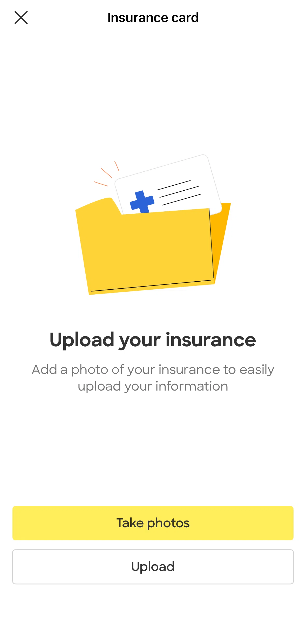 Zocdoc Screen screen in the Uploading insurance images flow