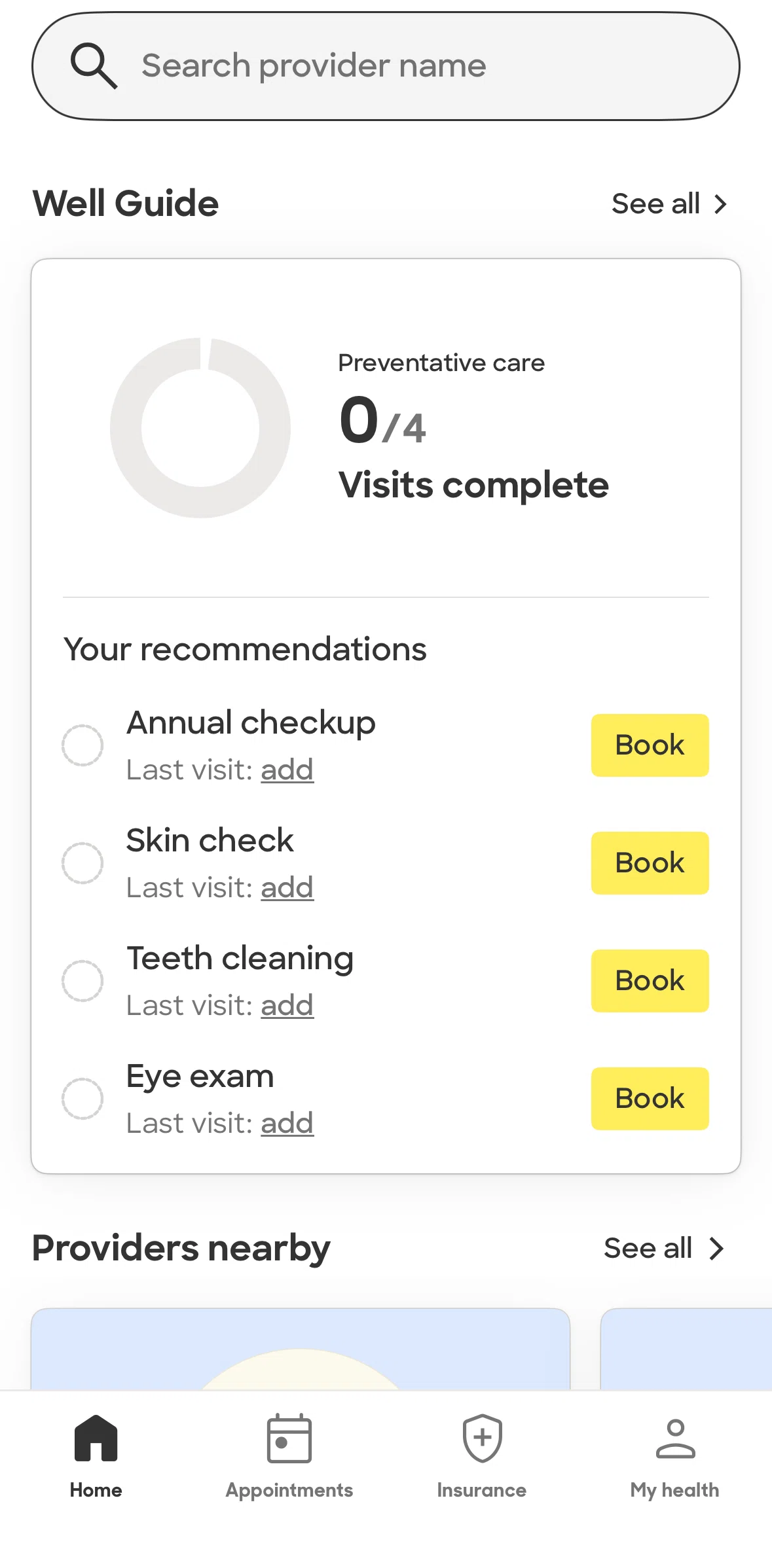Zocdoc Screen screen in the Well guide flow