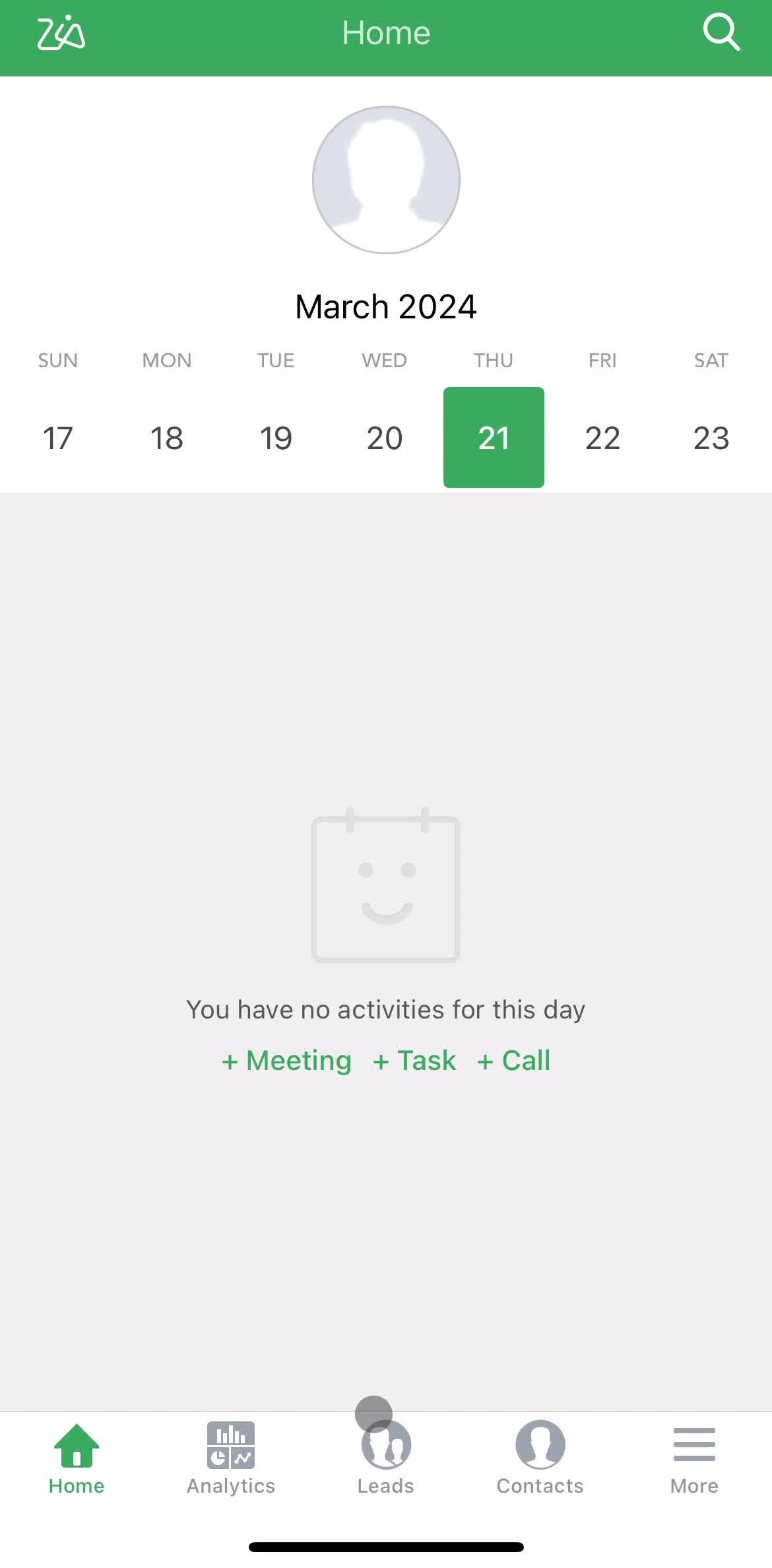 Zoho Crm Home screen in the Adding Leads flow
