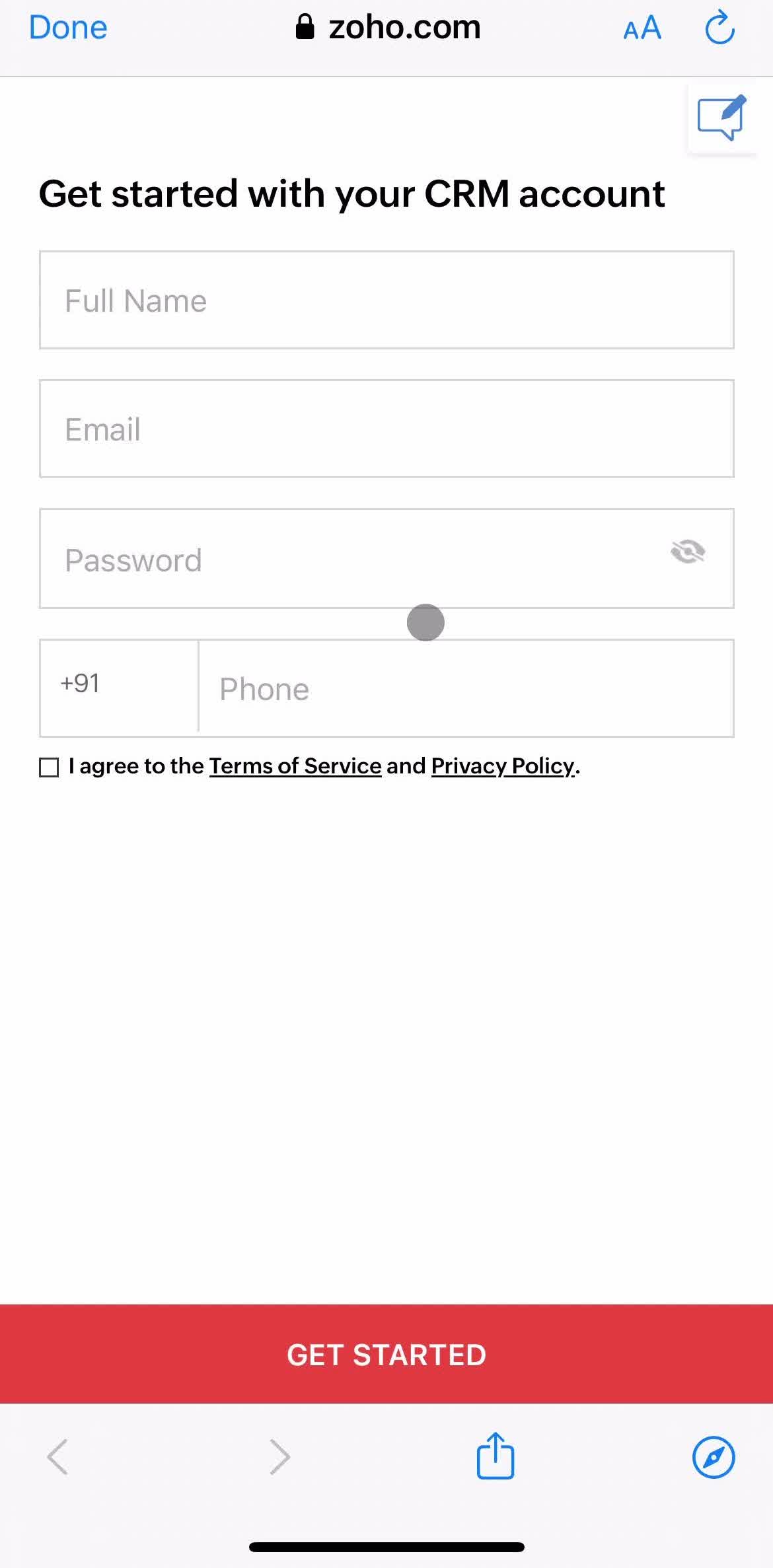 Zoho Crm Create account screen in the Onboarding flow