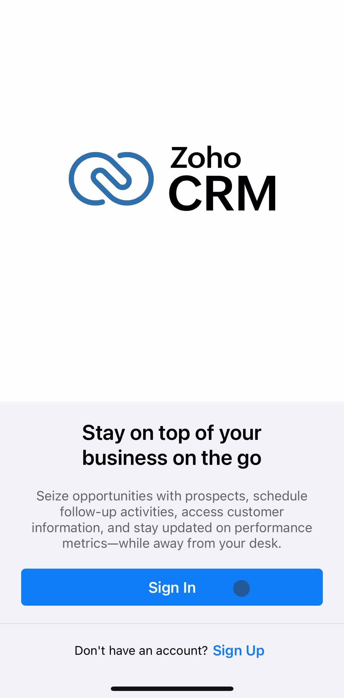 Zoho Crm Get started screen in the Onboarding flow