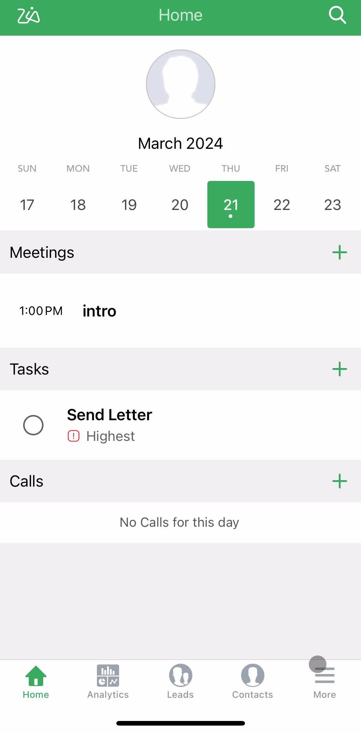 Zoho Crm Home screen in the Scheduling A Meeting flow