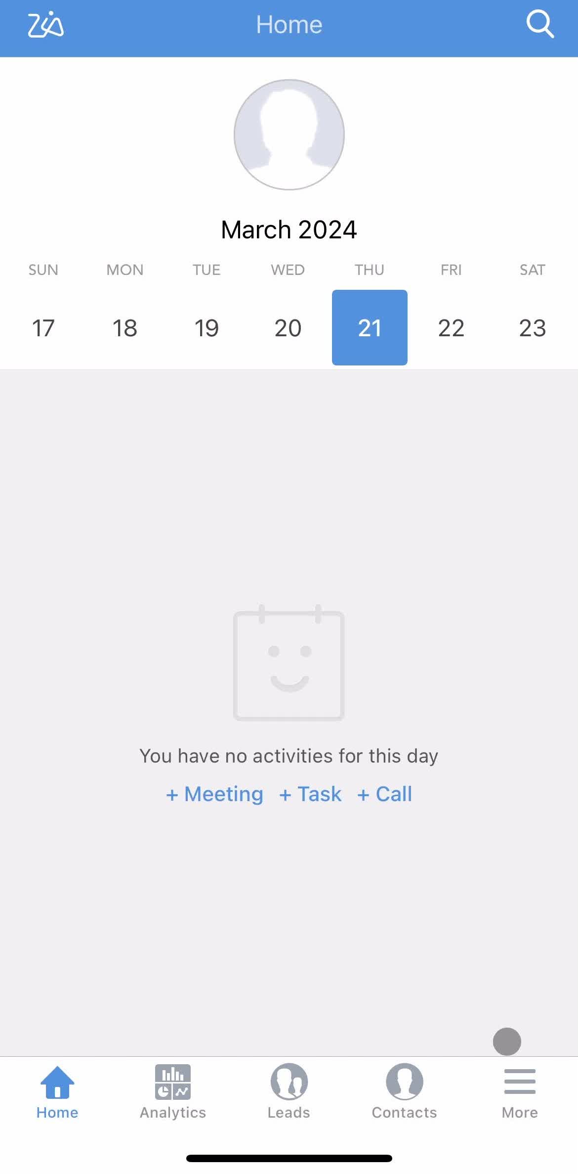 Zoho Crm Home screen in the Settings flow