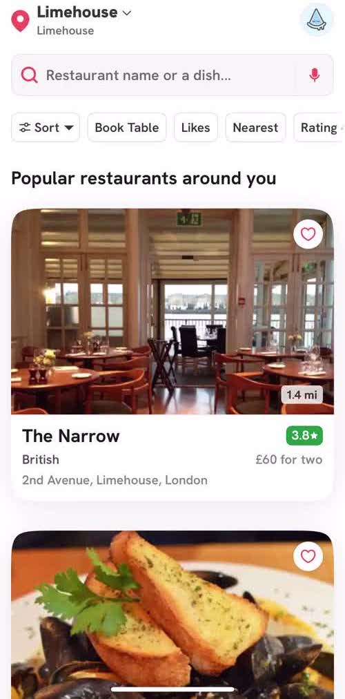 Zomato Home screen in the Booking A Table flow