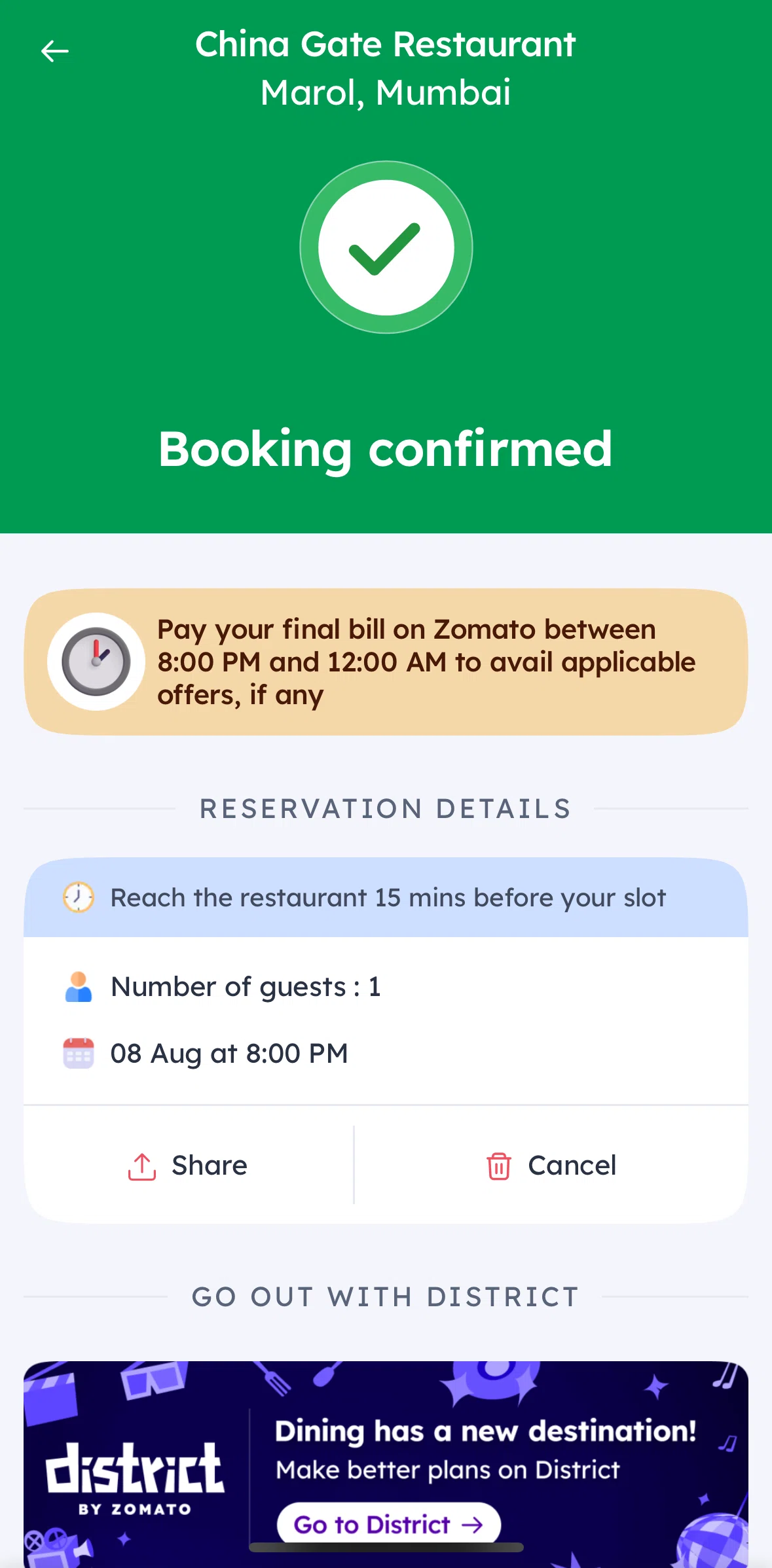 Zomato Screen screen in the Canceling a booking flow