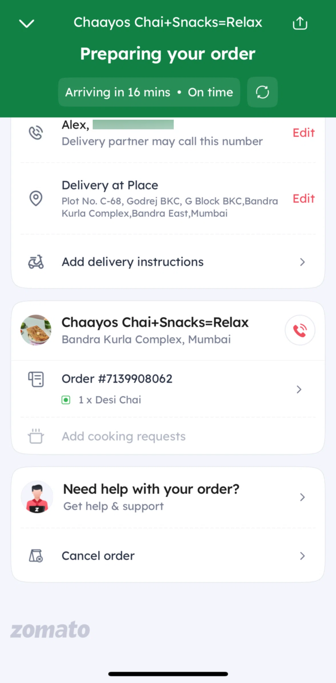 Zomato Screen screen in the Canceling an order flow