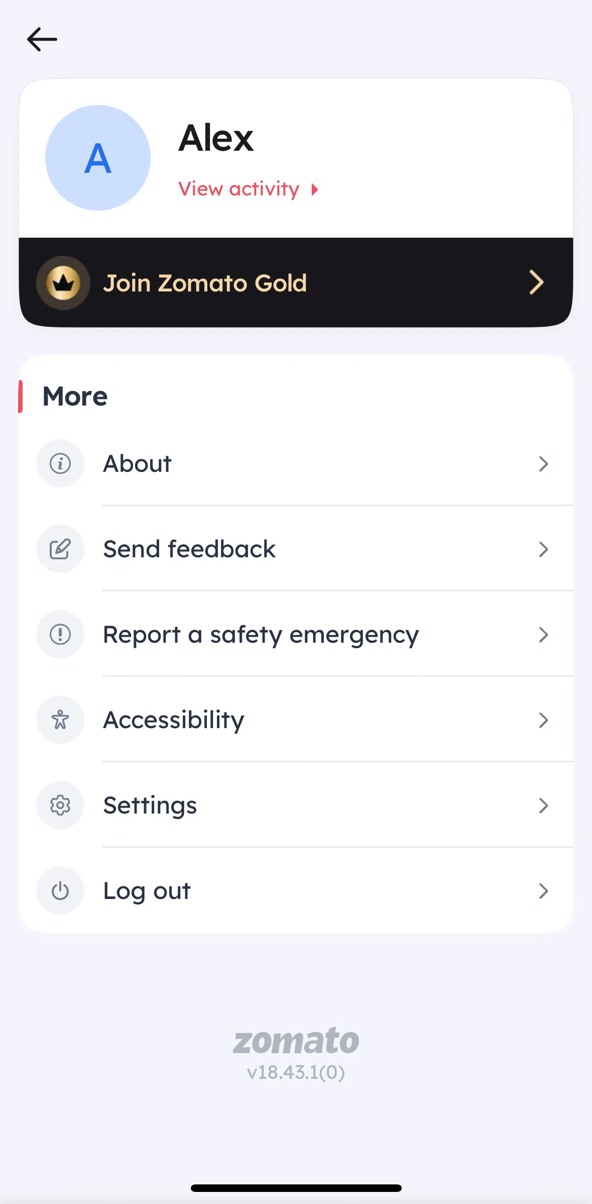 Zomato Screen screen in the Changing accessibility settings flow