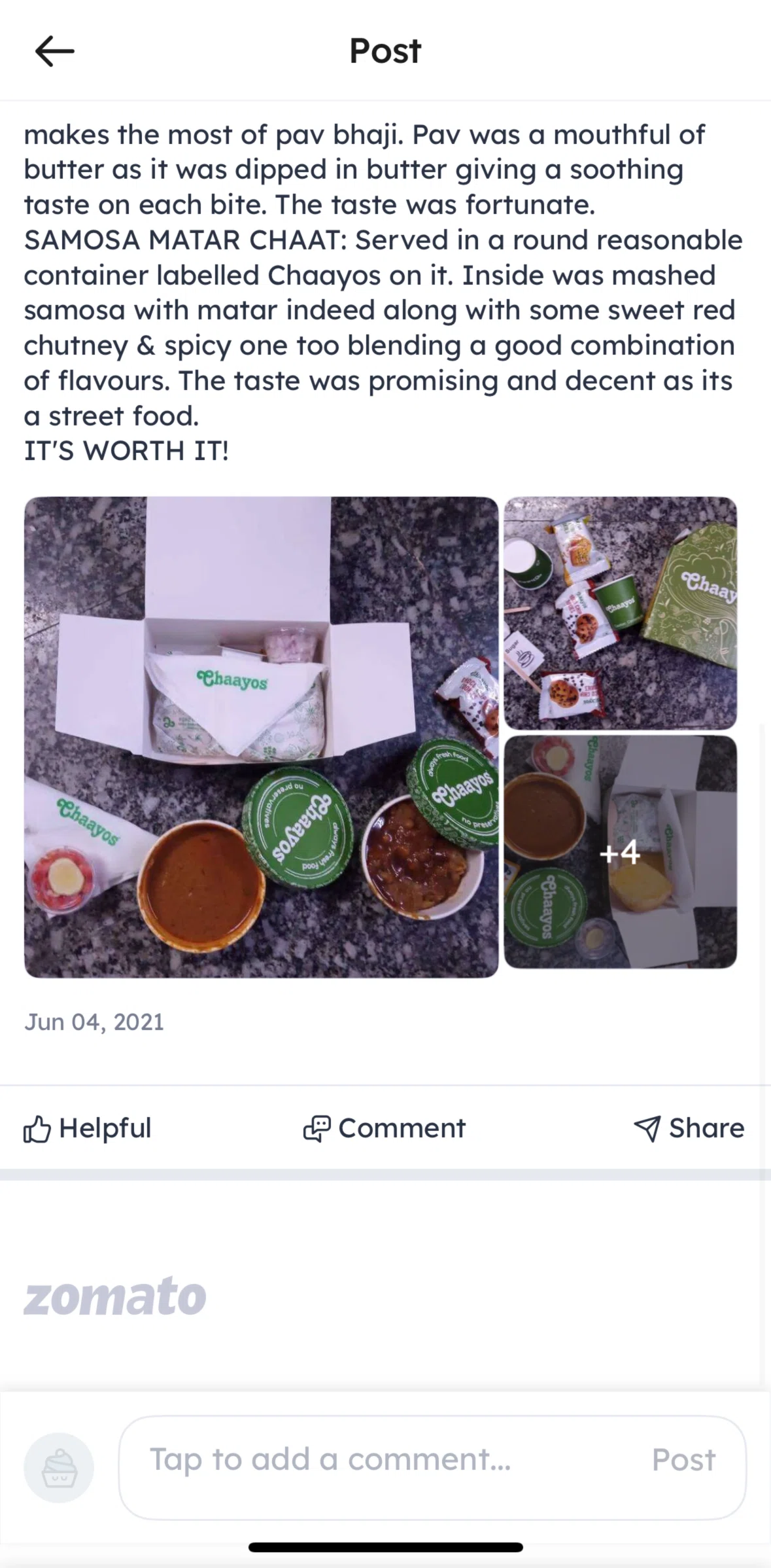 Zomato Screen screen in the Commenting on a post flow