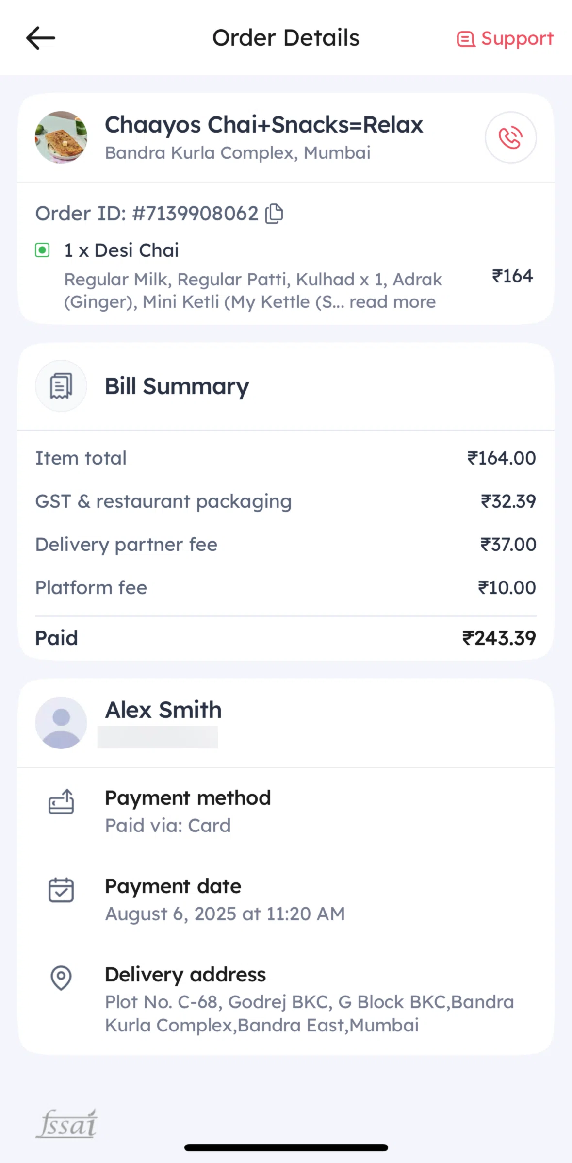 Zomato Screen screen in the Contacting support flow