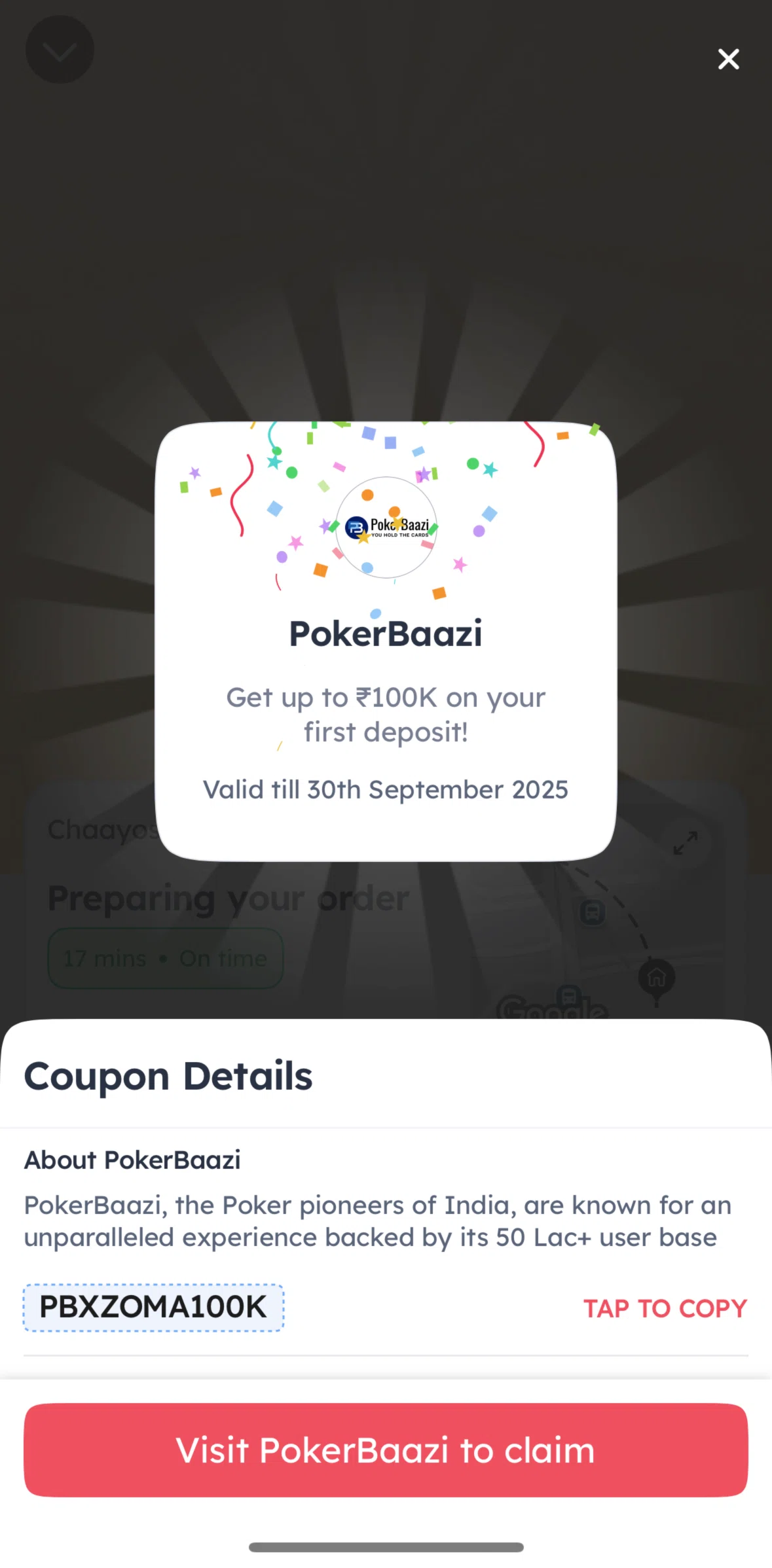 Zomato Screen screen in the Copying a code flow