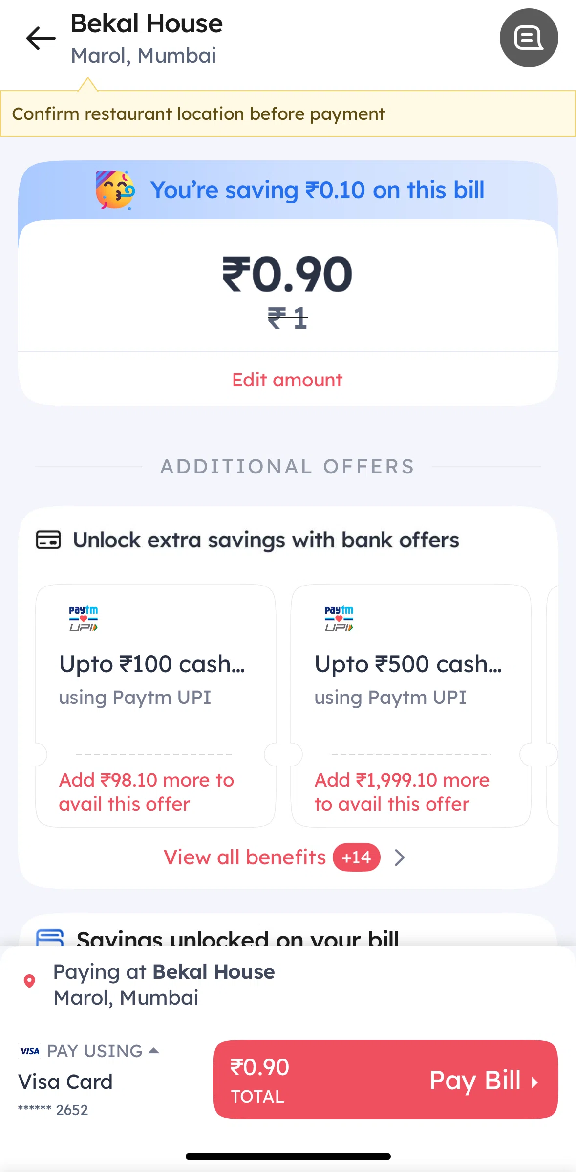 Zomato Screen screen in the Coupons (pay a bill) flow