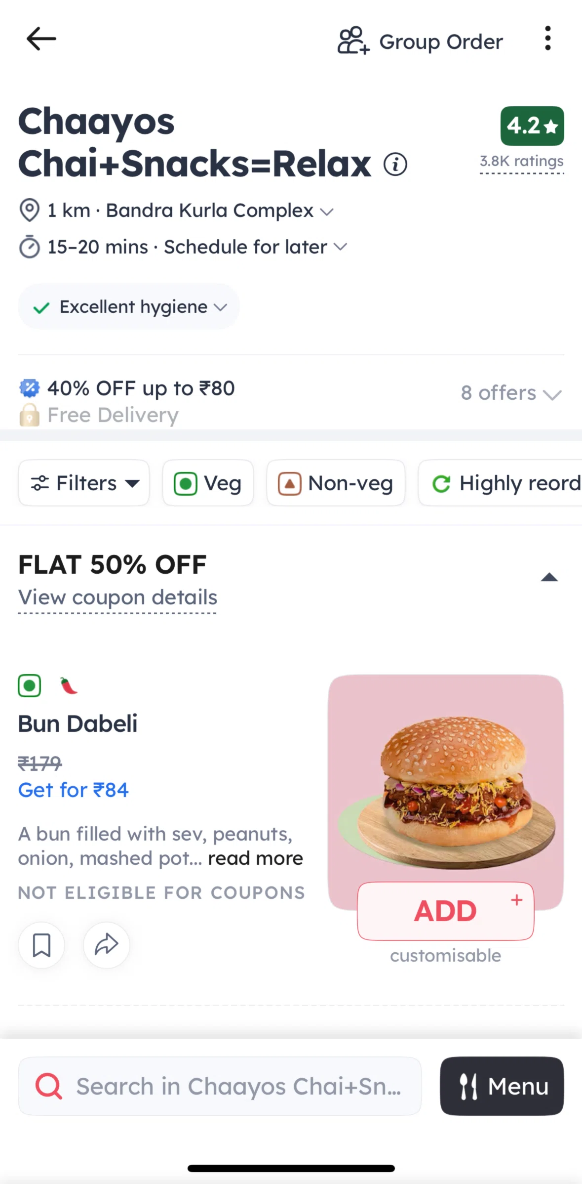 Zomato Screen screen in the Creating a group order flow