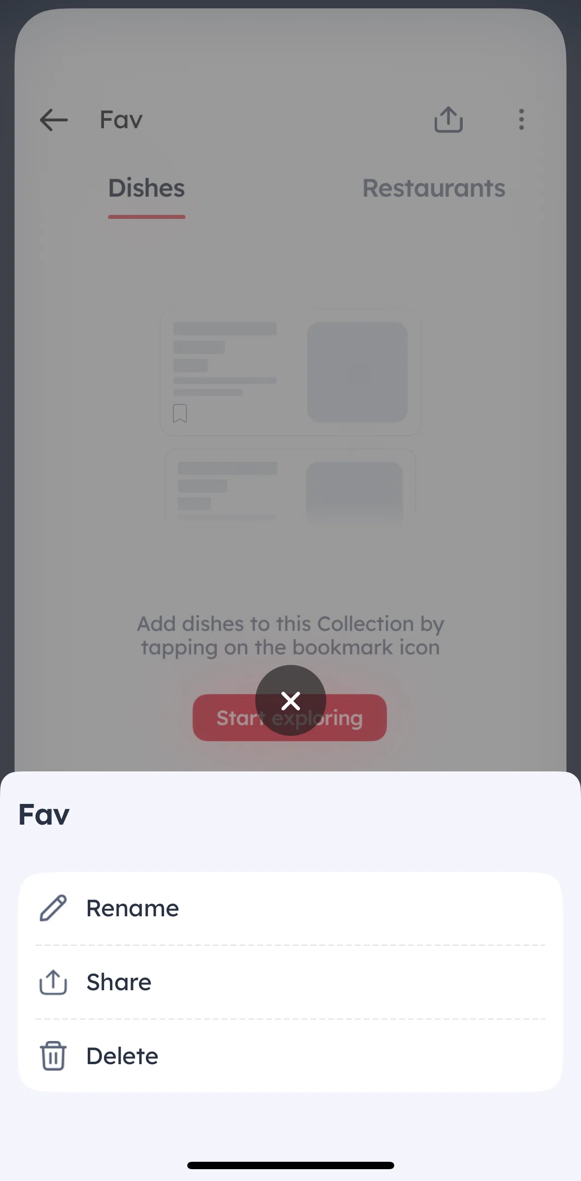 Zomato Screen screen in the Deleting a collection flow