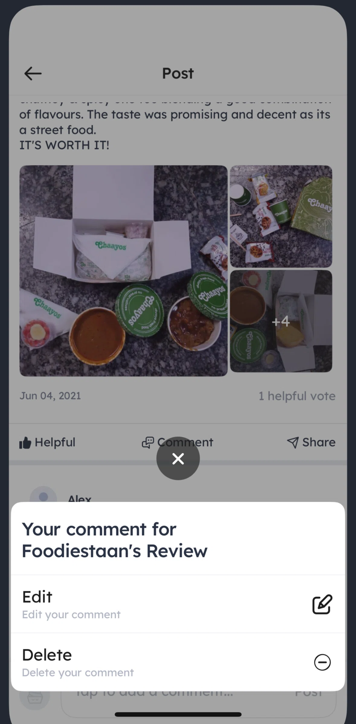 Zomato Screen screen in the Deleting a comment flow