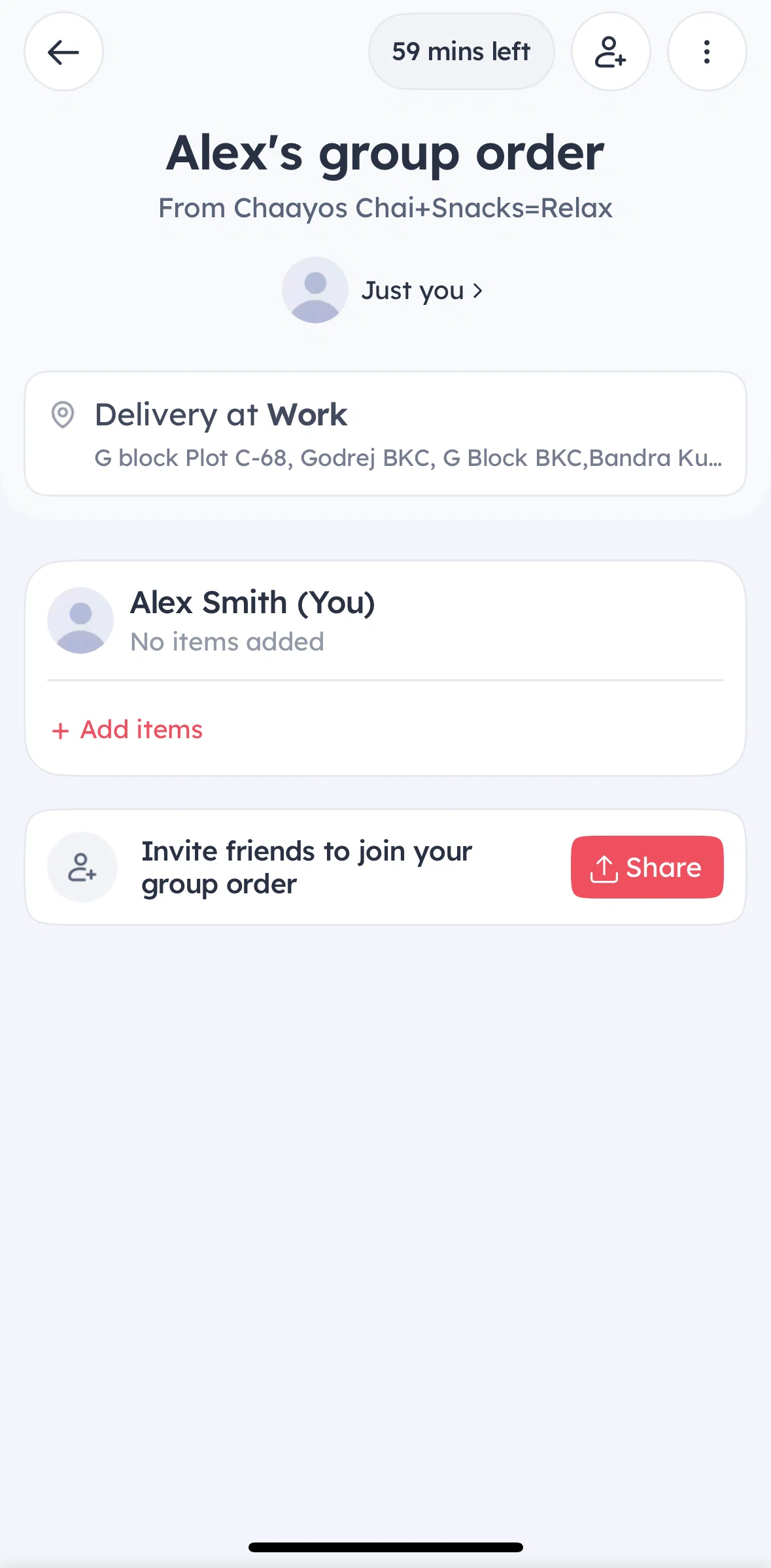 Zomato Screen screen in the Deleting a group order flow