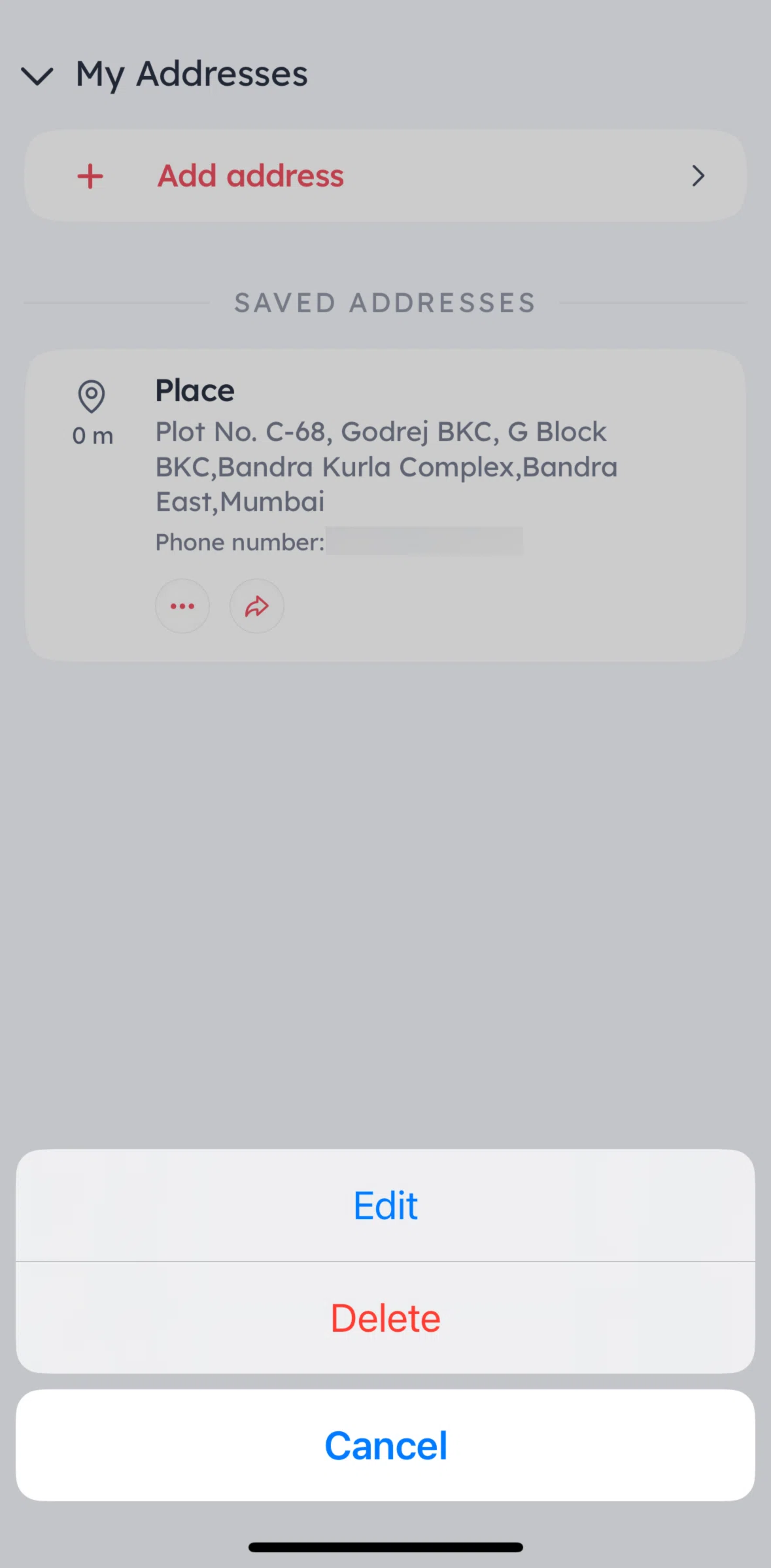 Zomato Screen screen in the Deleting an address flow