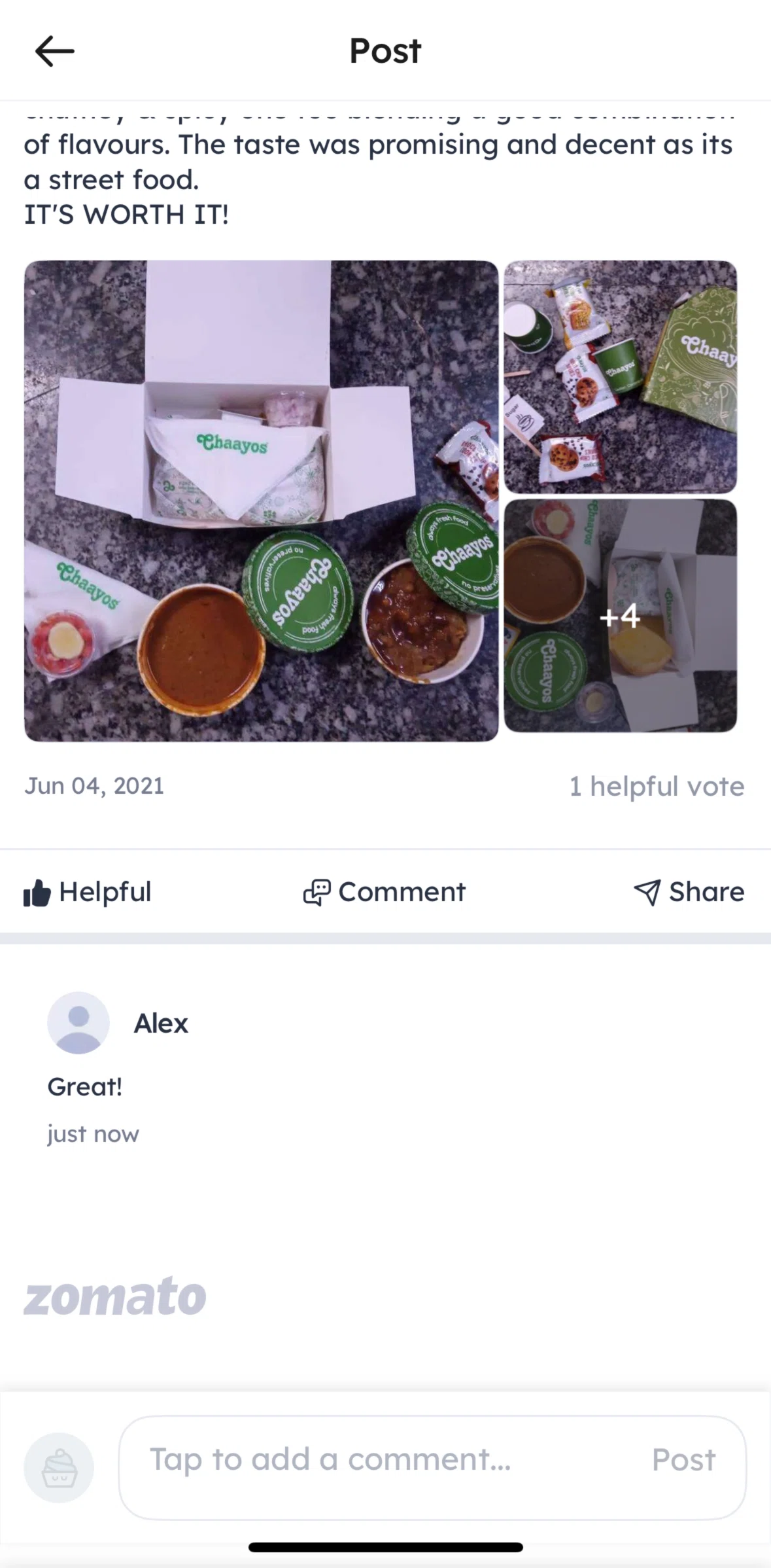 Zomato Screen screen in the Editing a comment flow
