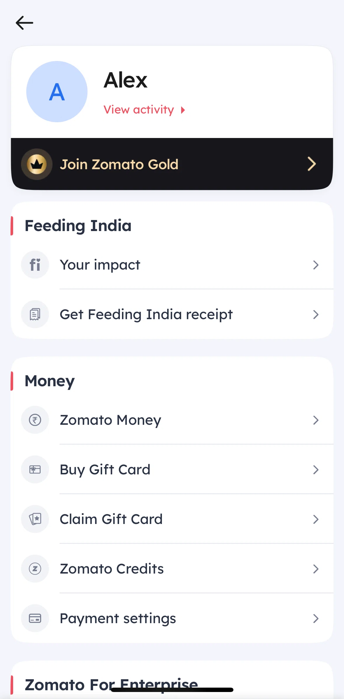 Zomato Screen screen in the Feeding India impact flow