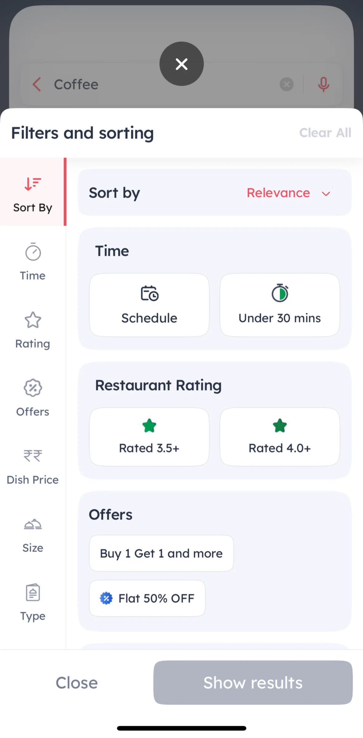 Zomato Screen screen in the Filtering by price flow