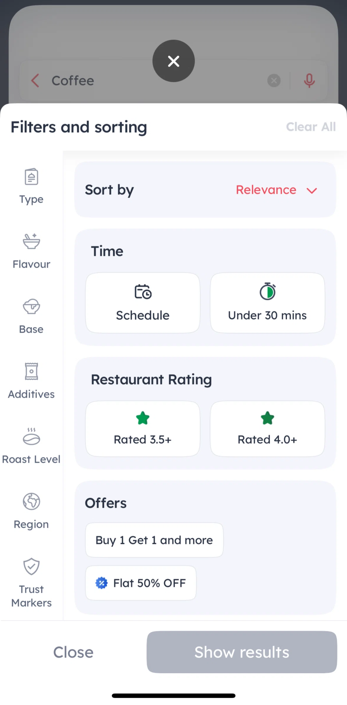 Zomato Screen screen in the Filtering by region flow