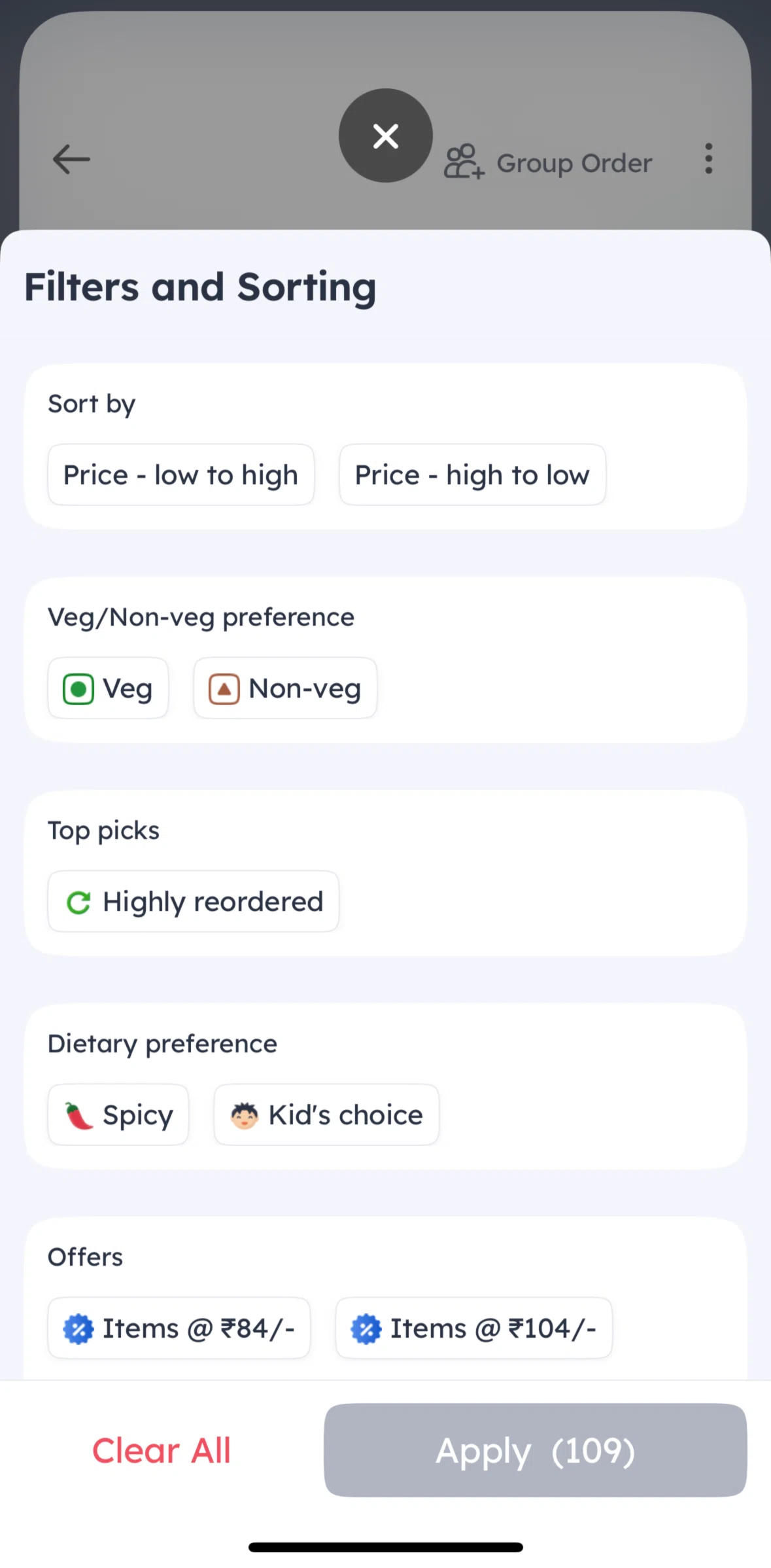 Zomato Screen screen in the Filtering items flow