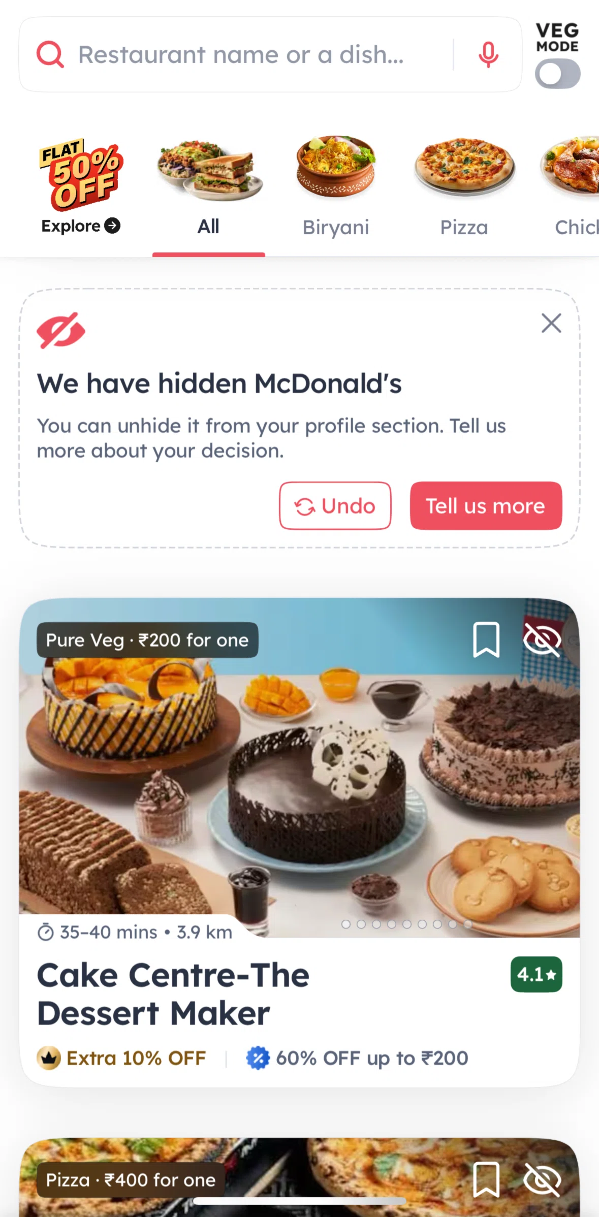 Zomato Screen screen in the Giving a feedback (hiding a restaurant) flow