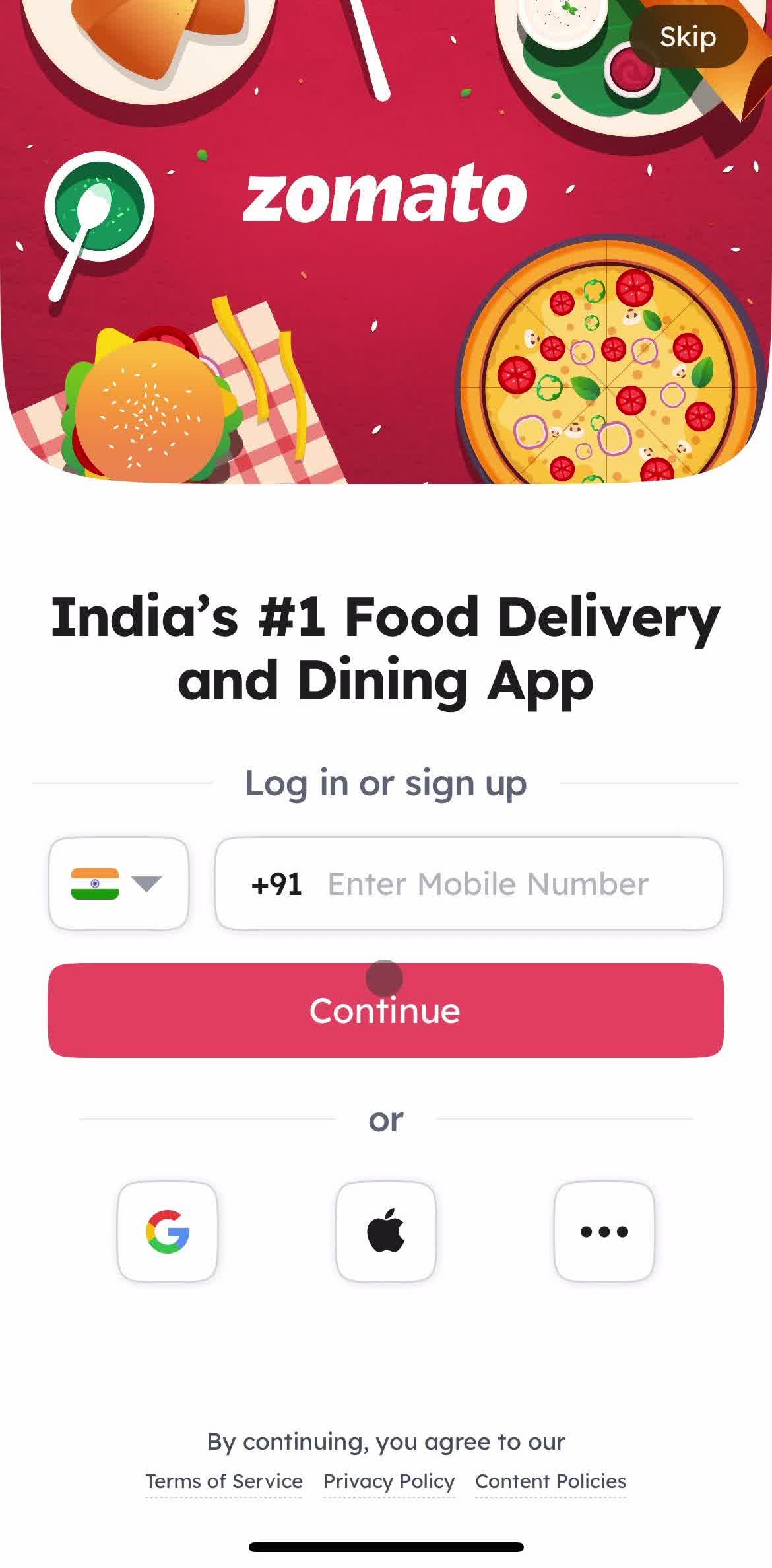 Zomato Sign up screen in the Onboarding flow
