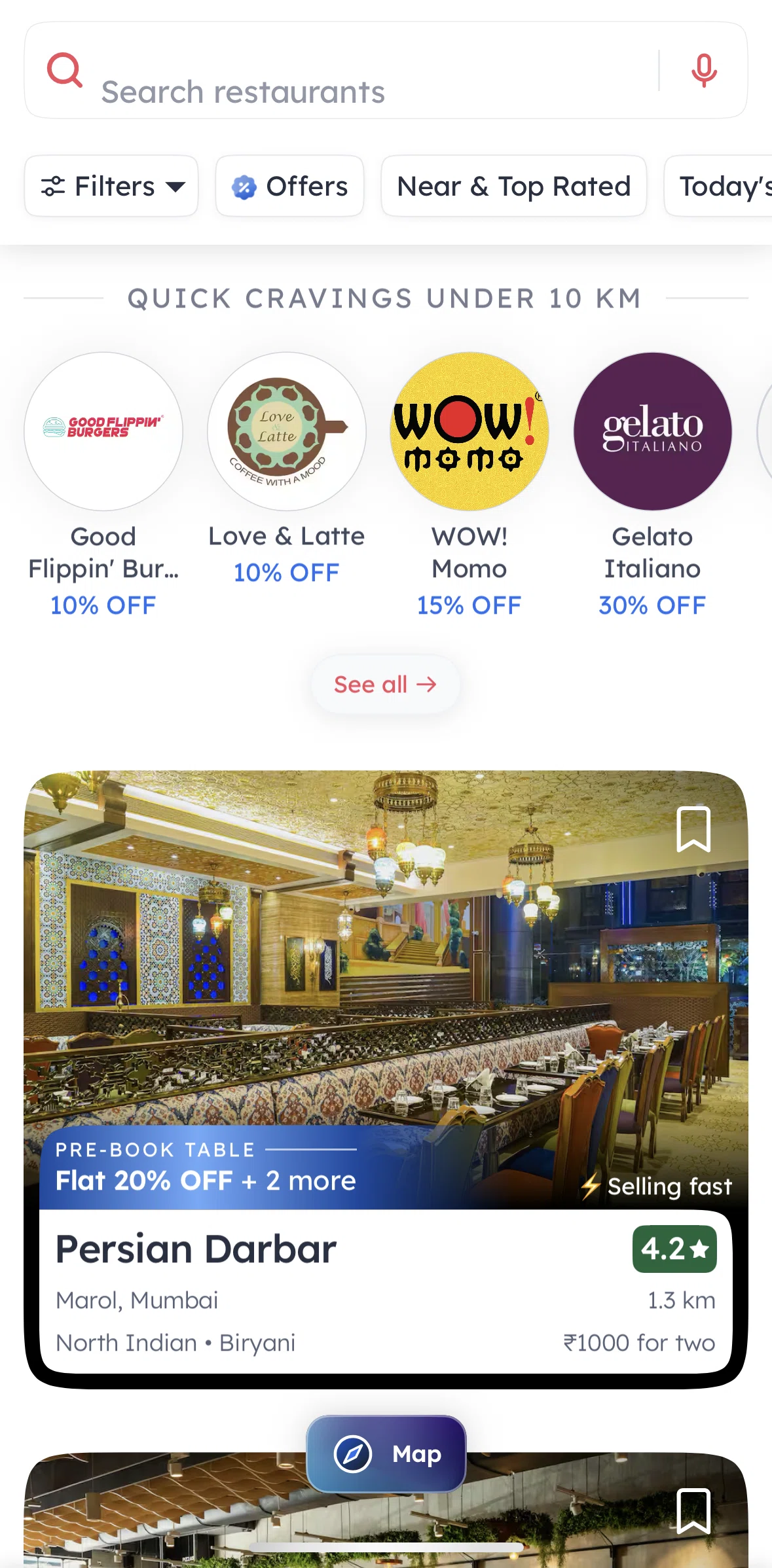Zomato Screen screen in the Quick cravings flow