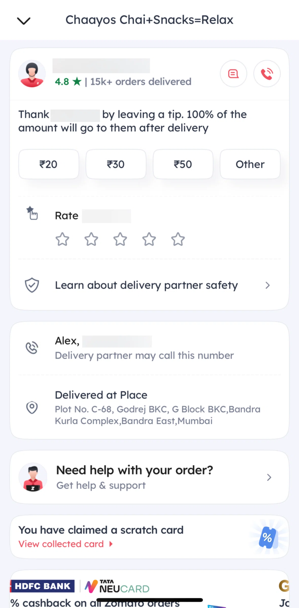 Zomato Screen screen in the Rating a driver flow