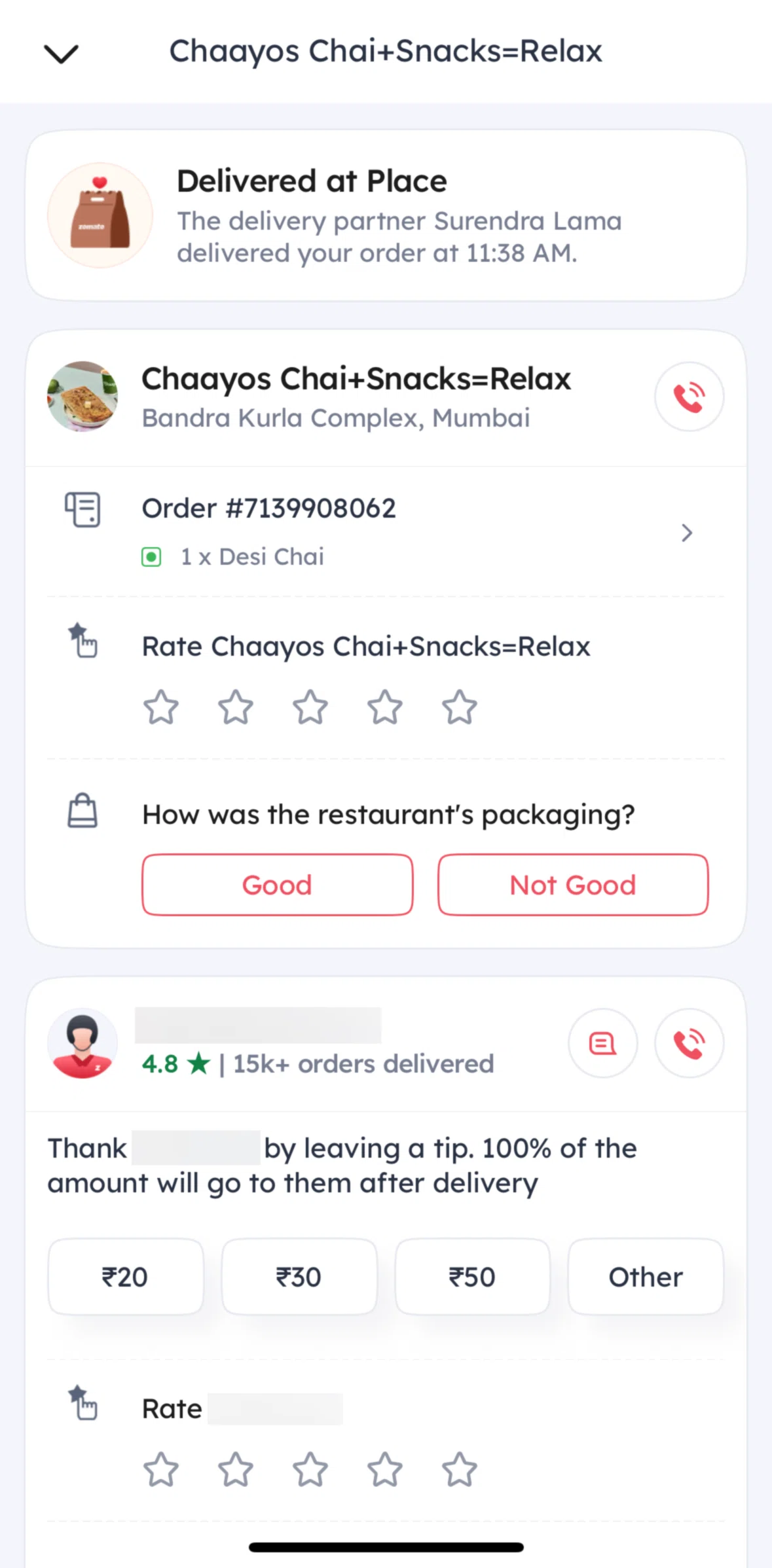 Zomato Screen screen in the Rating a restaurant flow