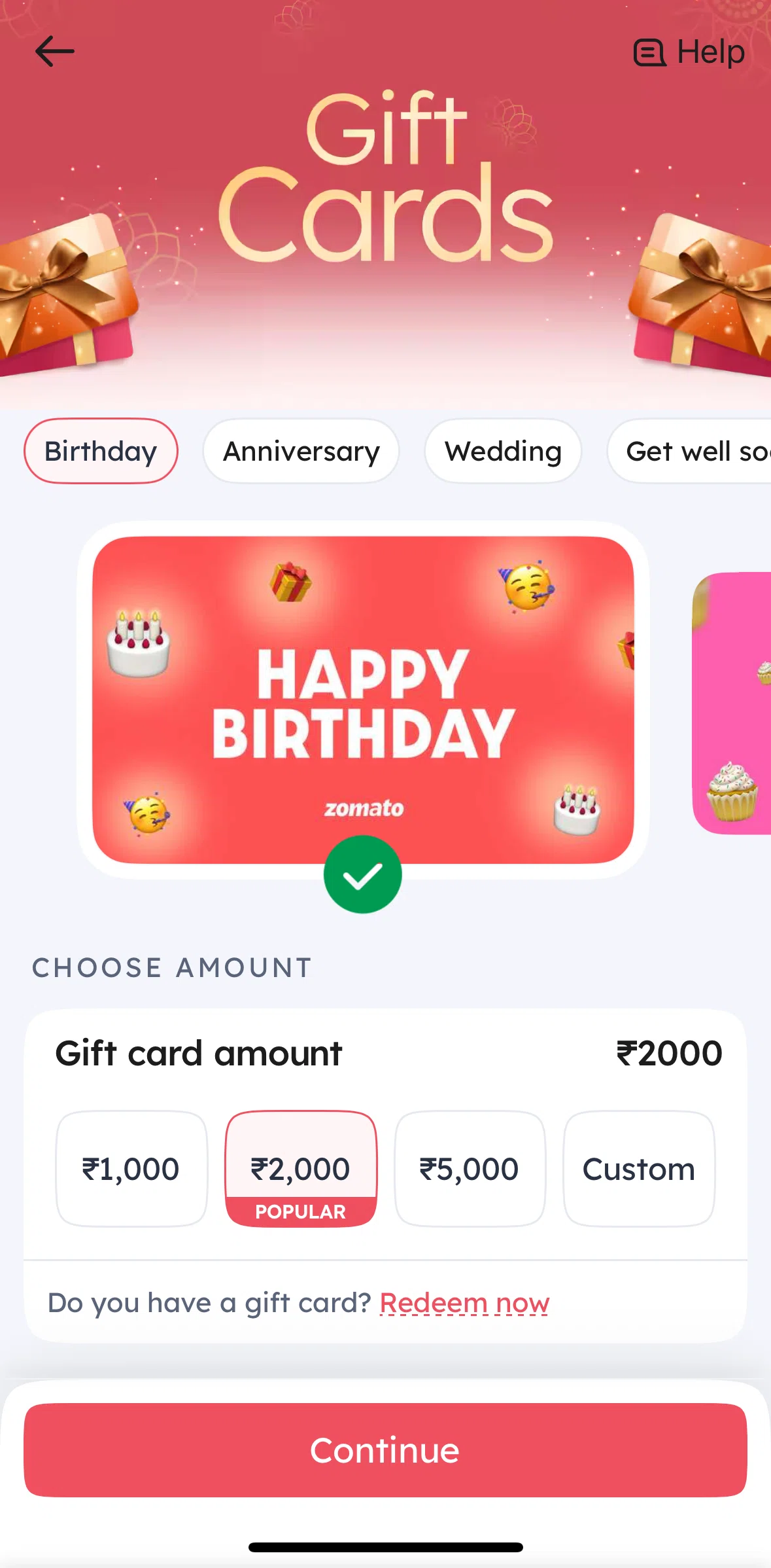 Zomato Screen screen in the Redeem a gift card flow
