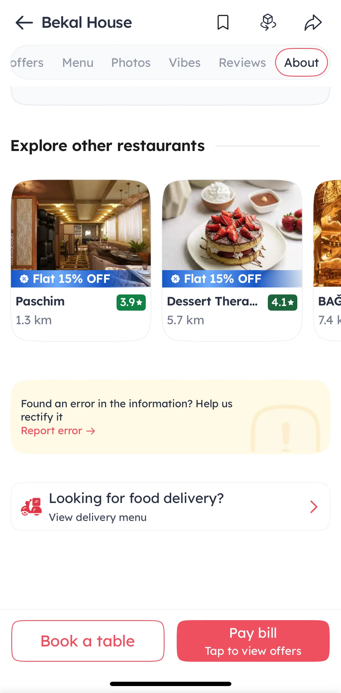 Zomato Screen screen in the Reporting an error flow