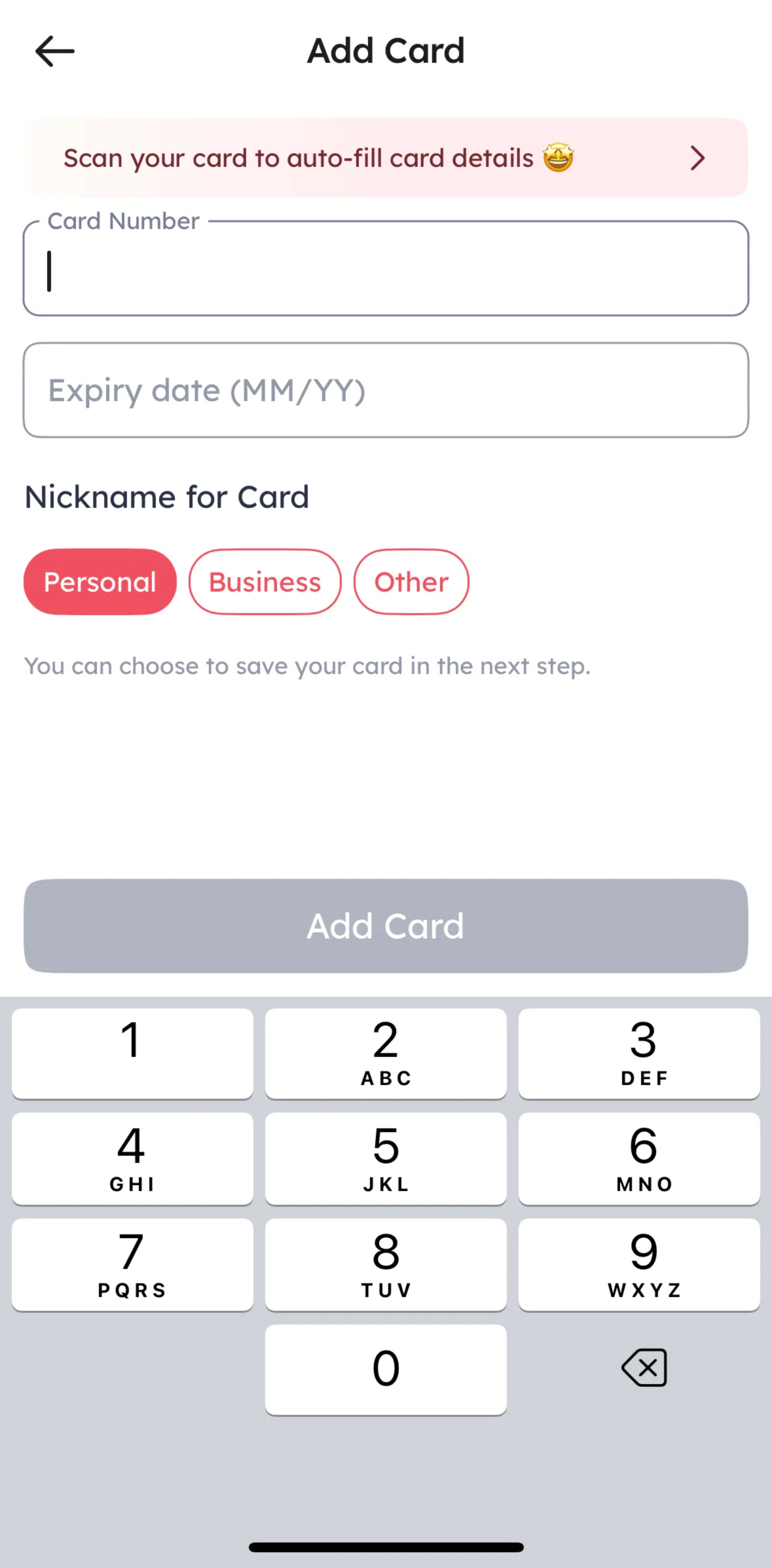 Zomato Screen screen in the Scan a card flow