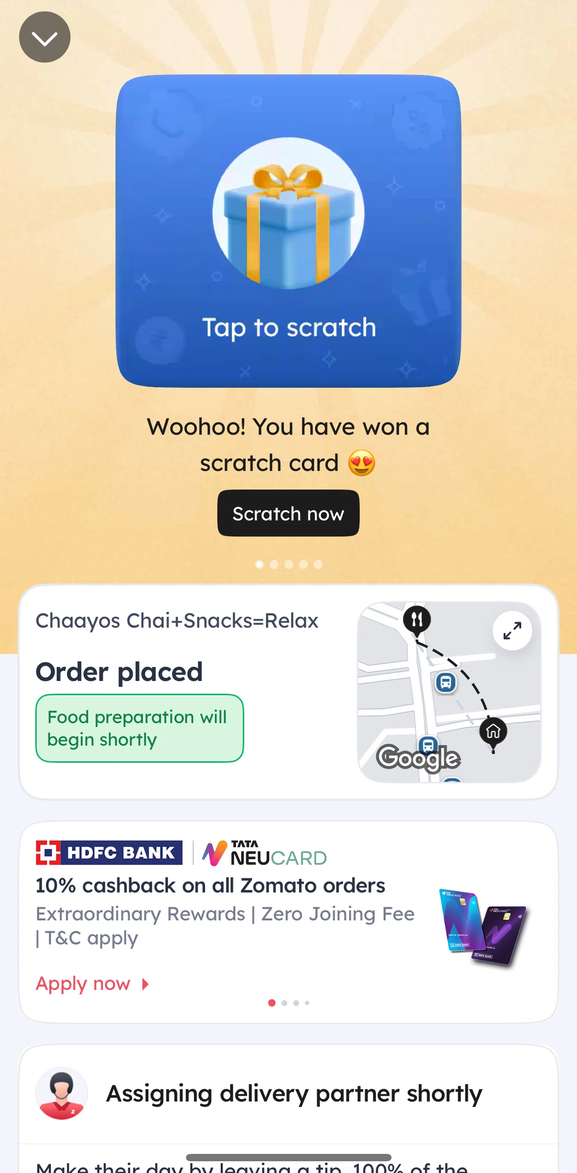 Zomato Screen screen in the Scratching a card flow