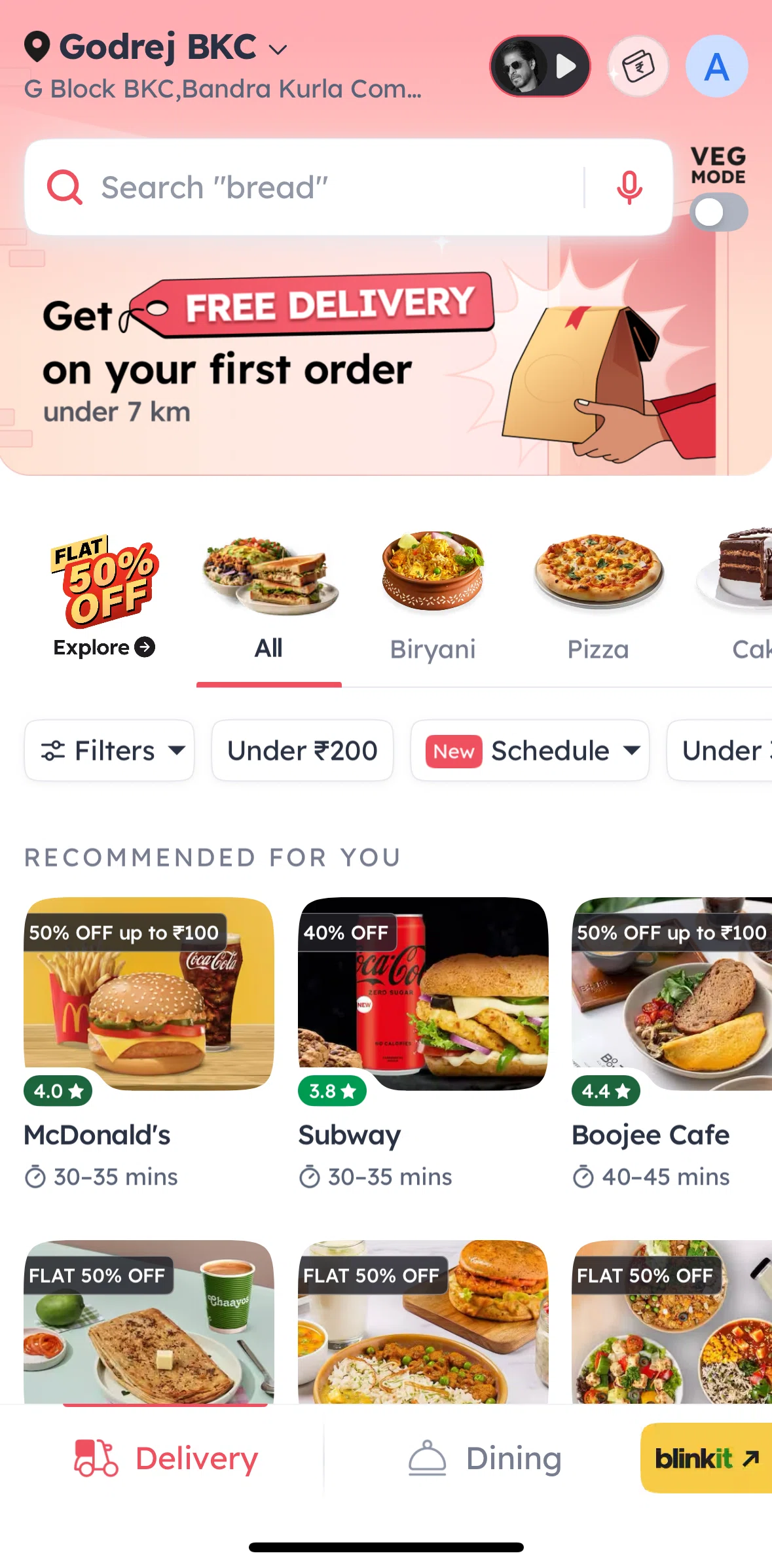 Zomato Screen screen in the Searching dishes and restaurant (Delivery) flow