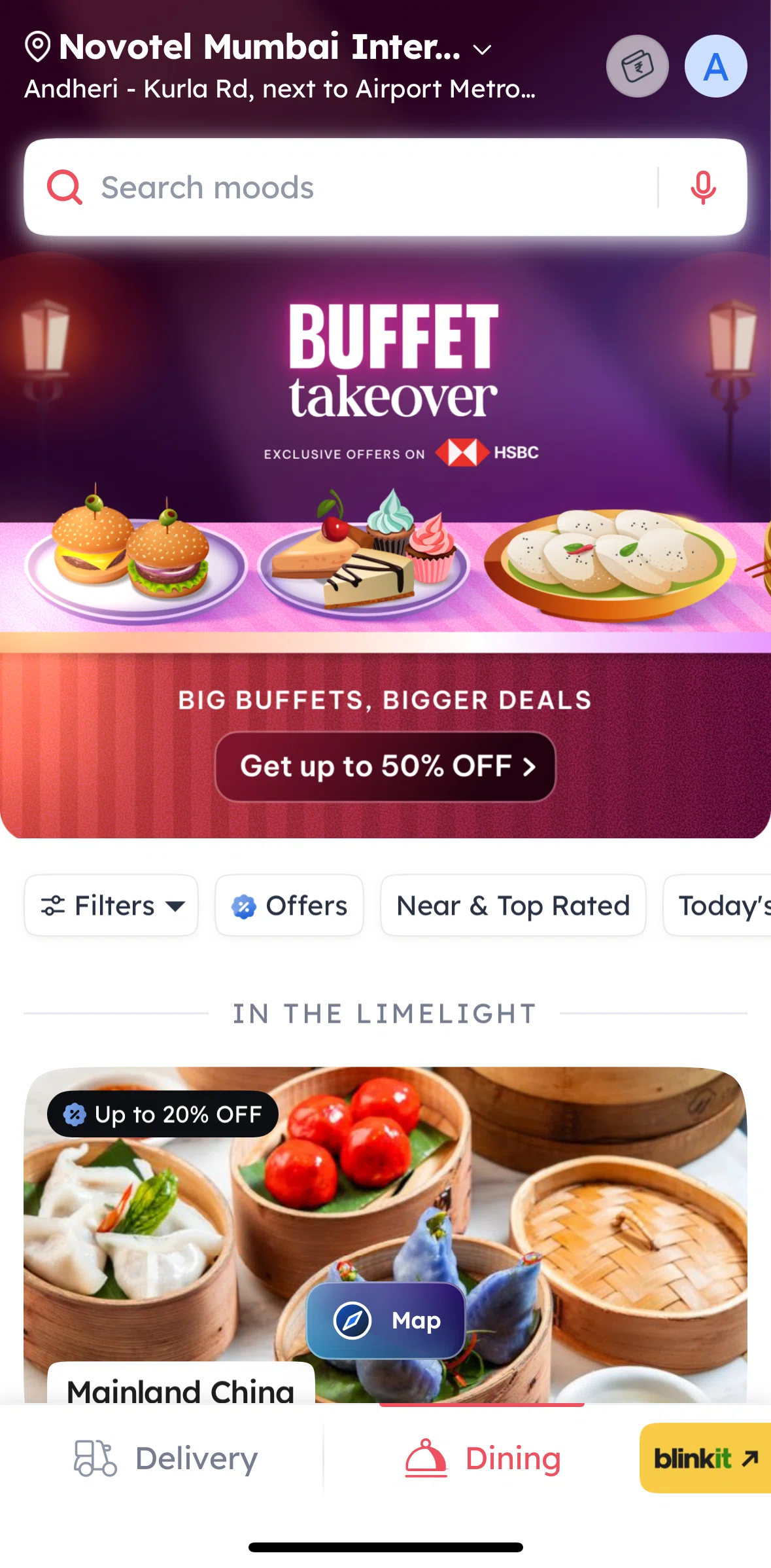 Zomato Screen screen in the Searching dishes and restaurants (Dining) flow
