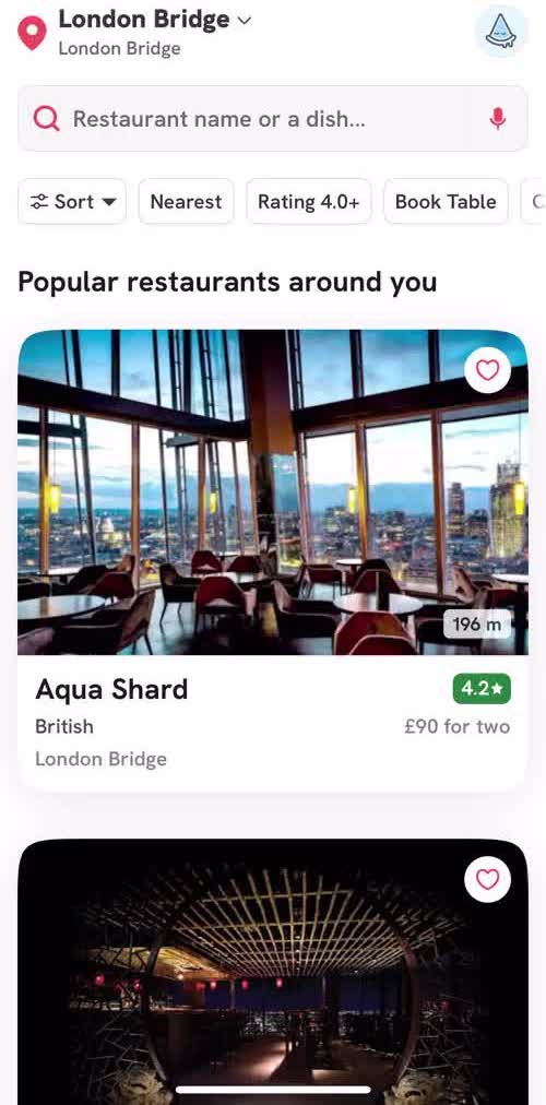 Zomato Home screen in the Searching flow