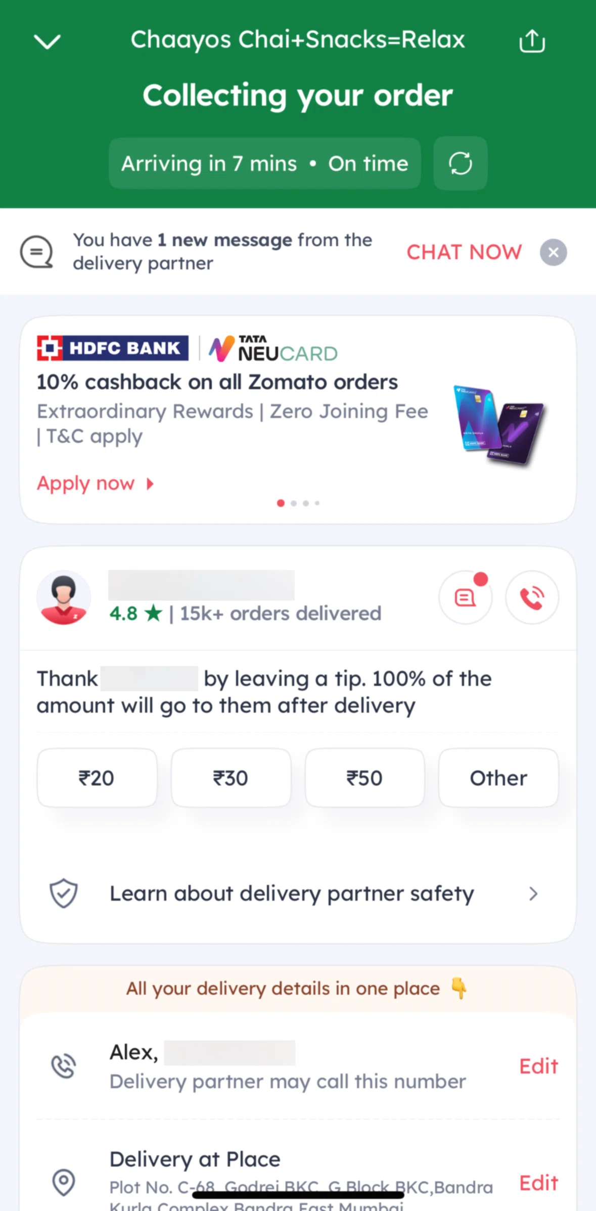 Zomato Screen screen in the Share order tracking flow